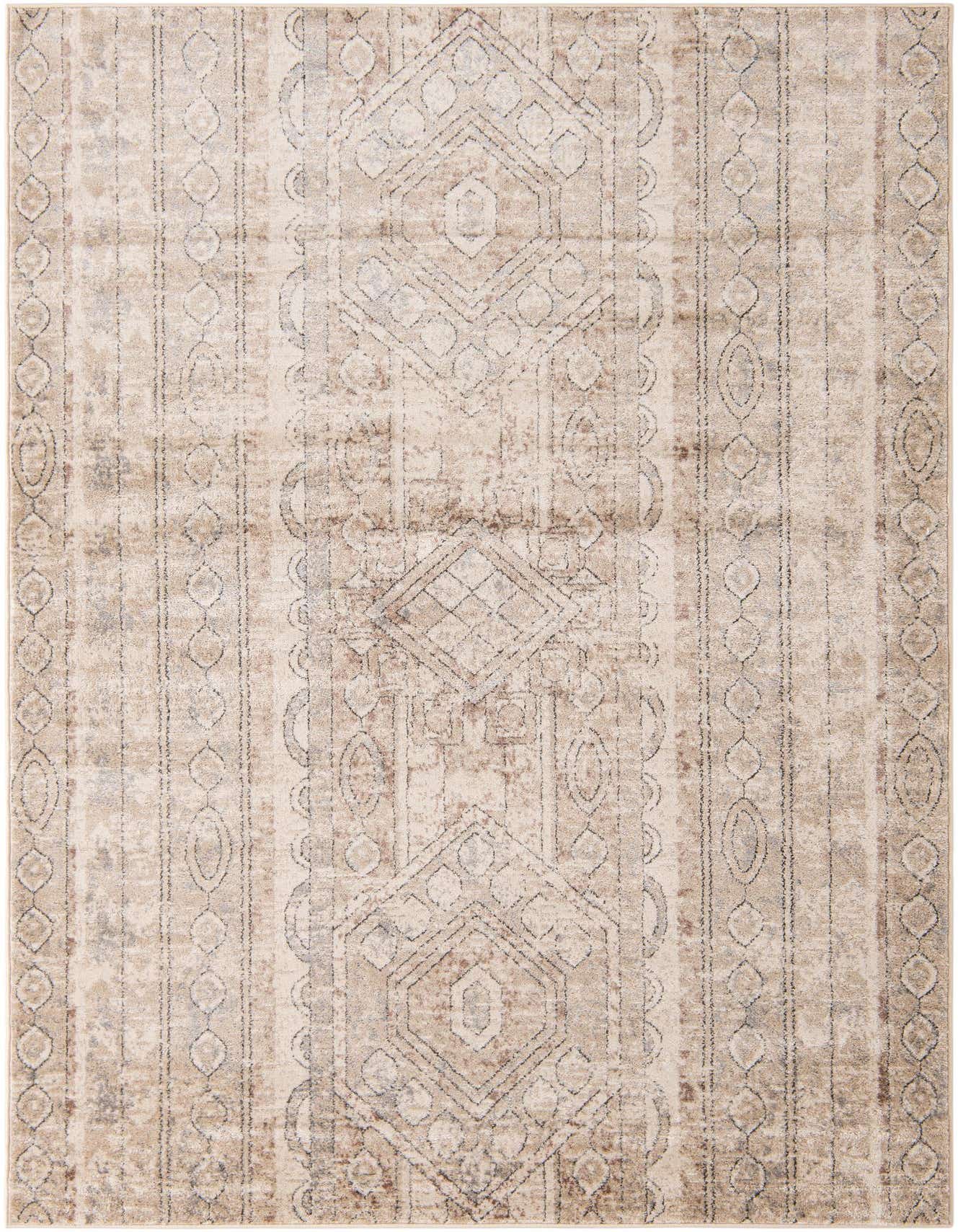 A 6x9 rectangular ivory and cream area rug with a distressed Bohemian tribal pattern featuring stripes and geometric shapes.
