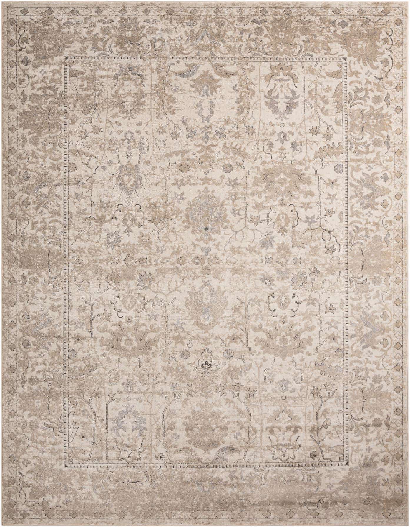 A 10x14 rectangular ivory and cream shabby-chic rug with a distressed traditional floral pattern and border.