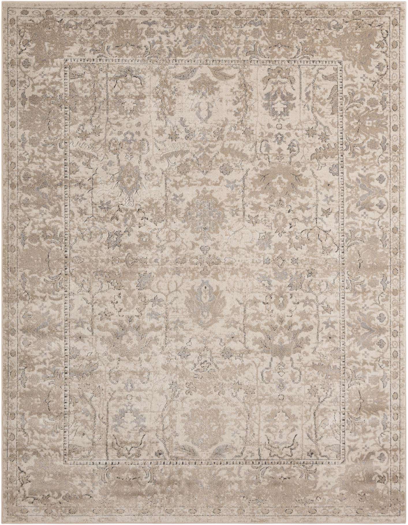 An 8x11 rectangular ivory and cream area rug with a distressed traditional floral pattern and textured pile.