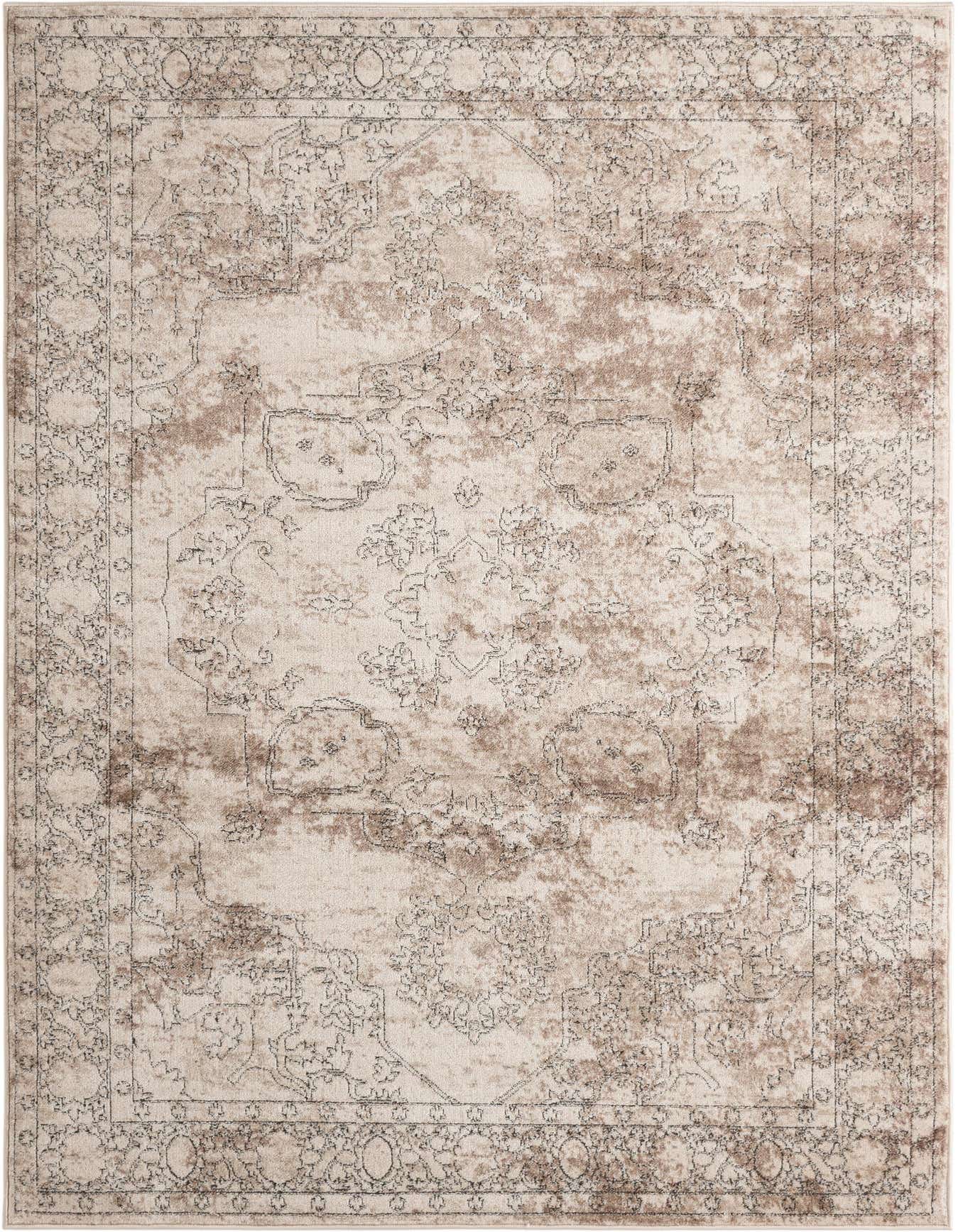 A 6x9 rectangular Oregon Collection rug in ivory and cream with a distressed traditional medallion pattern.