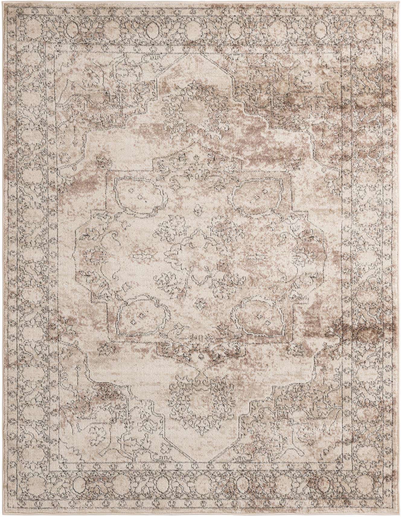 A 5x8 rectangular ivory and cream area rug with a distressed medallion and traditional floral pattern.