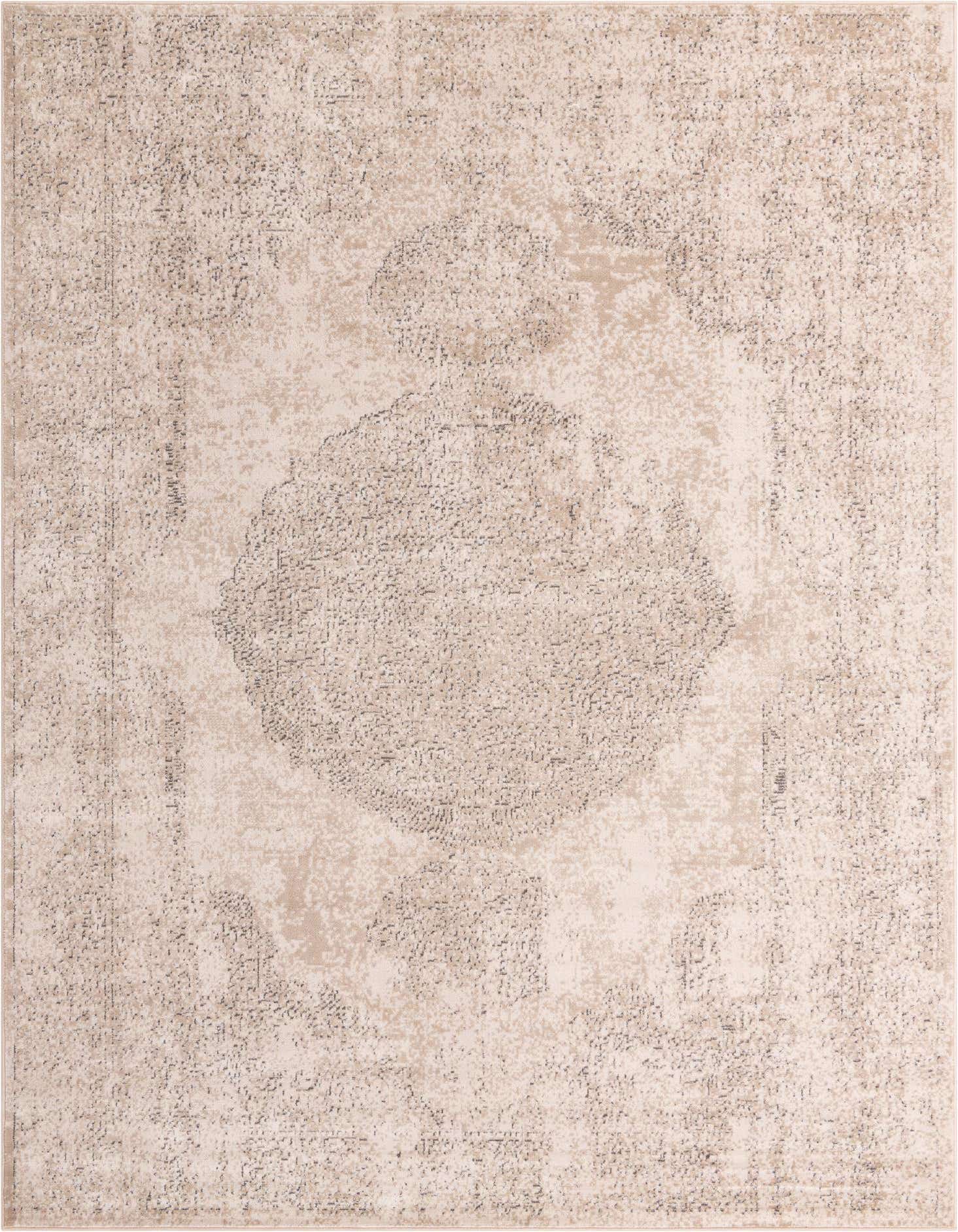 A 9x12 rectangular ivory and cream shabby-chic rug with a distressed traditional medallion pattern, ideal for a living room.