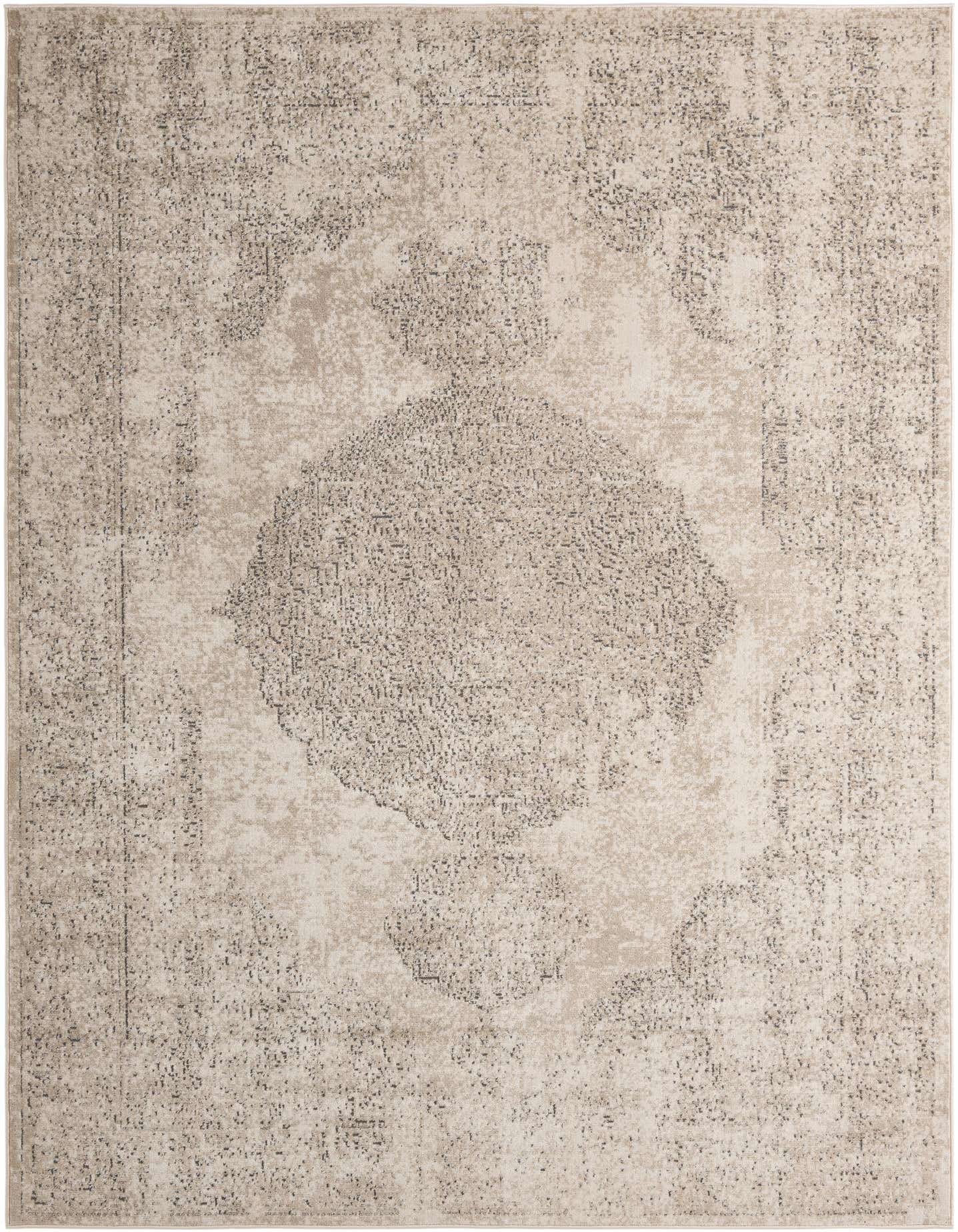 An 8x11 rectangular ivory and cream shabby-chic area rug with a faded traditional medallion pattern.