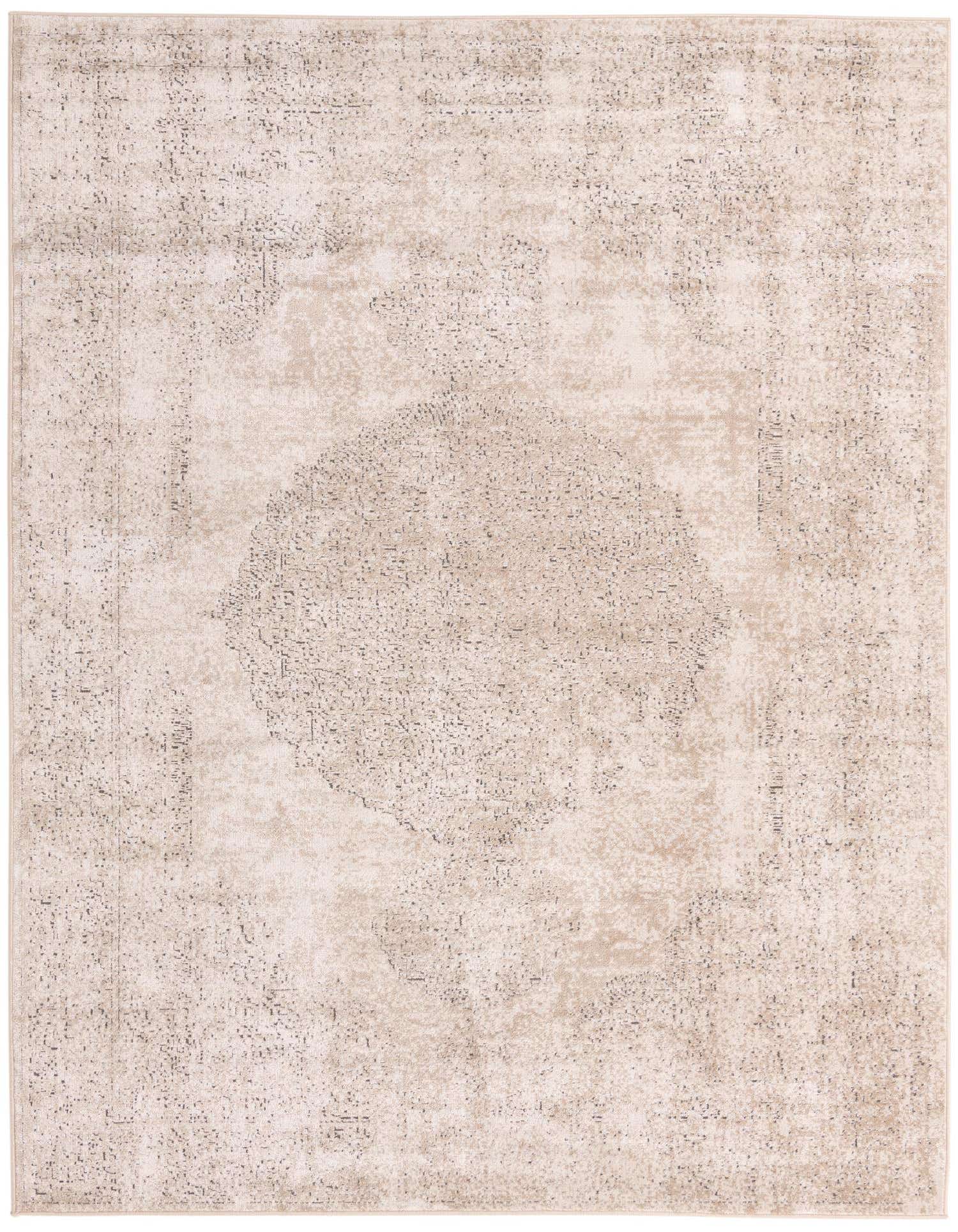 An 8x10 rectangular ivory and cream shabby-chic rug with a subtle vintage medallion pattern, ideal for a living room.