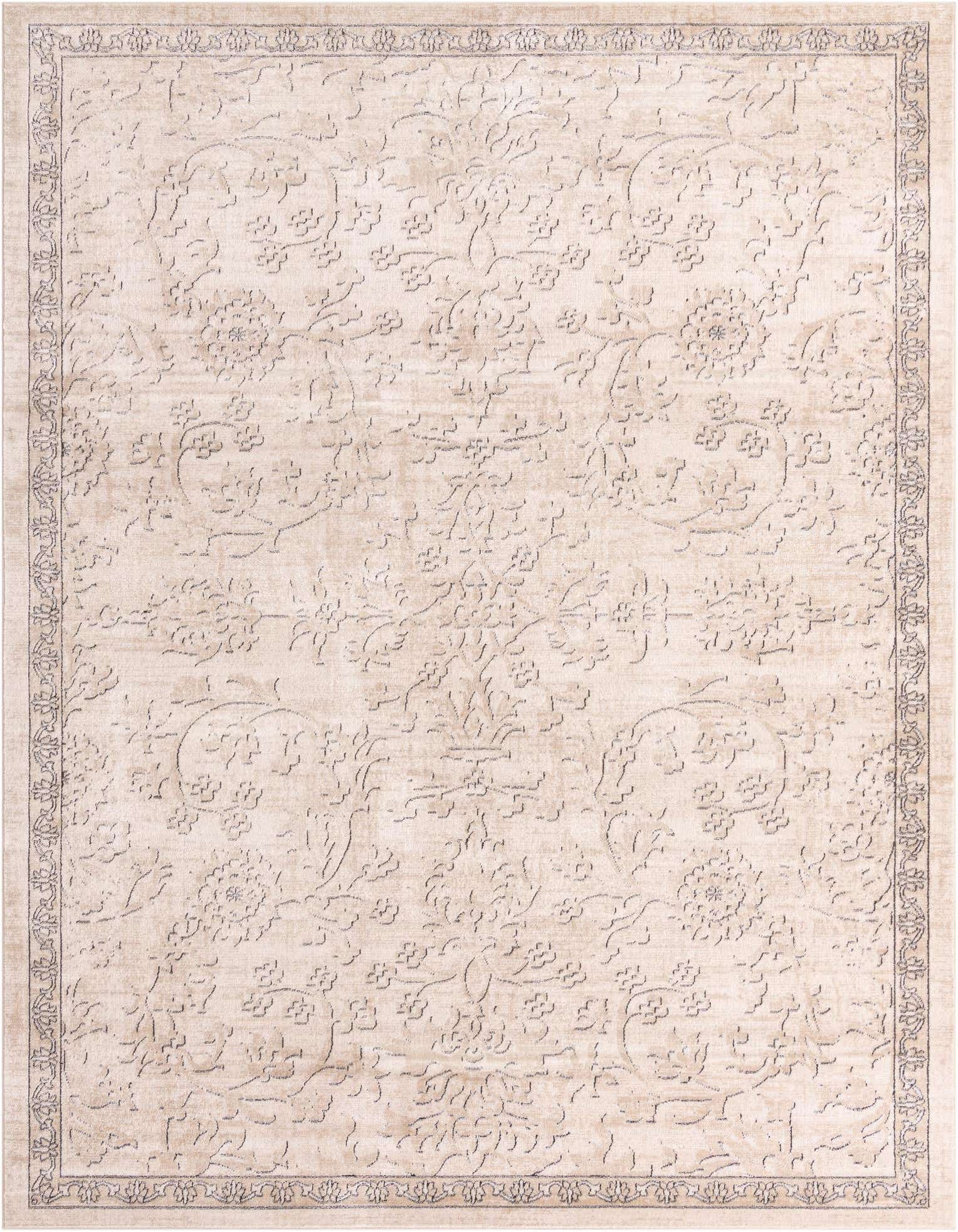 A 10x13 rectangular ivory and cream shabby-chic rug with a subtle botanical floral pattern and a decorative border.