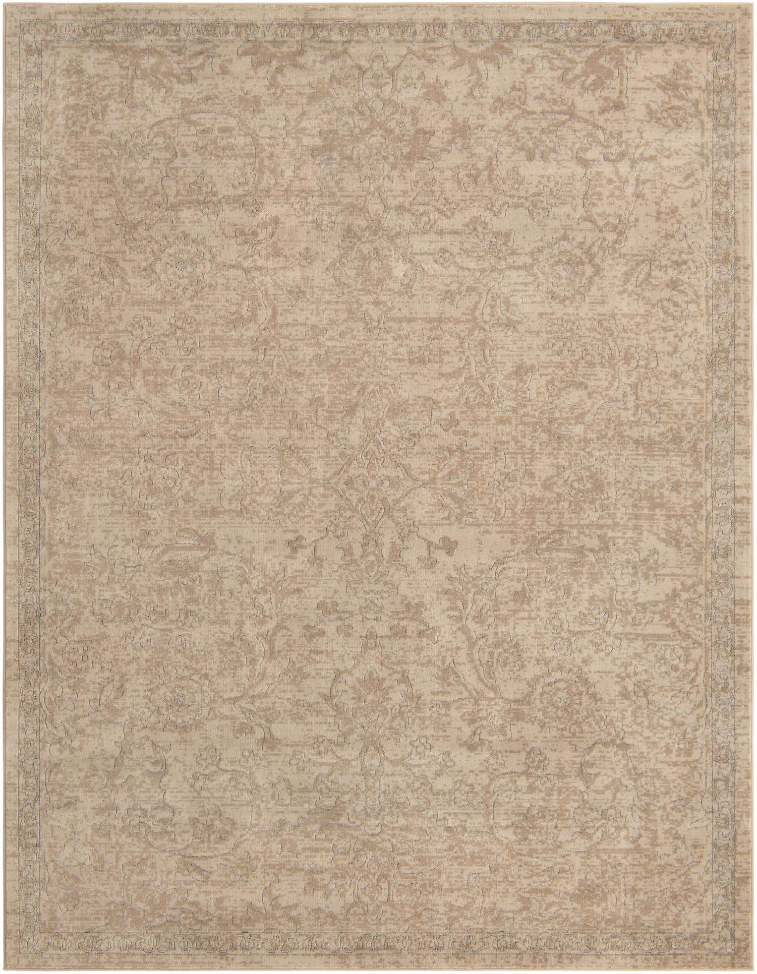 A 9x12 rectangular ivory and cream shabby-chic rug with a subtle botanical pattern and textured pile, suitable for a living room.