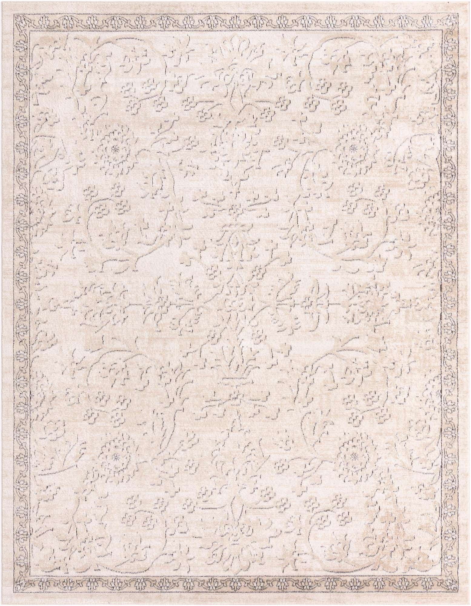 An 8x10 rectangular ivory and cream area rug with a subtle traditional floral pattern and a decorative border.