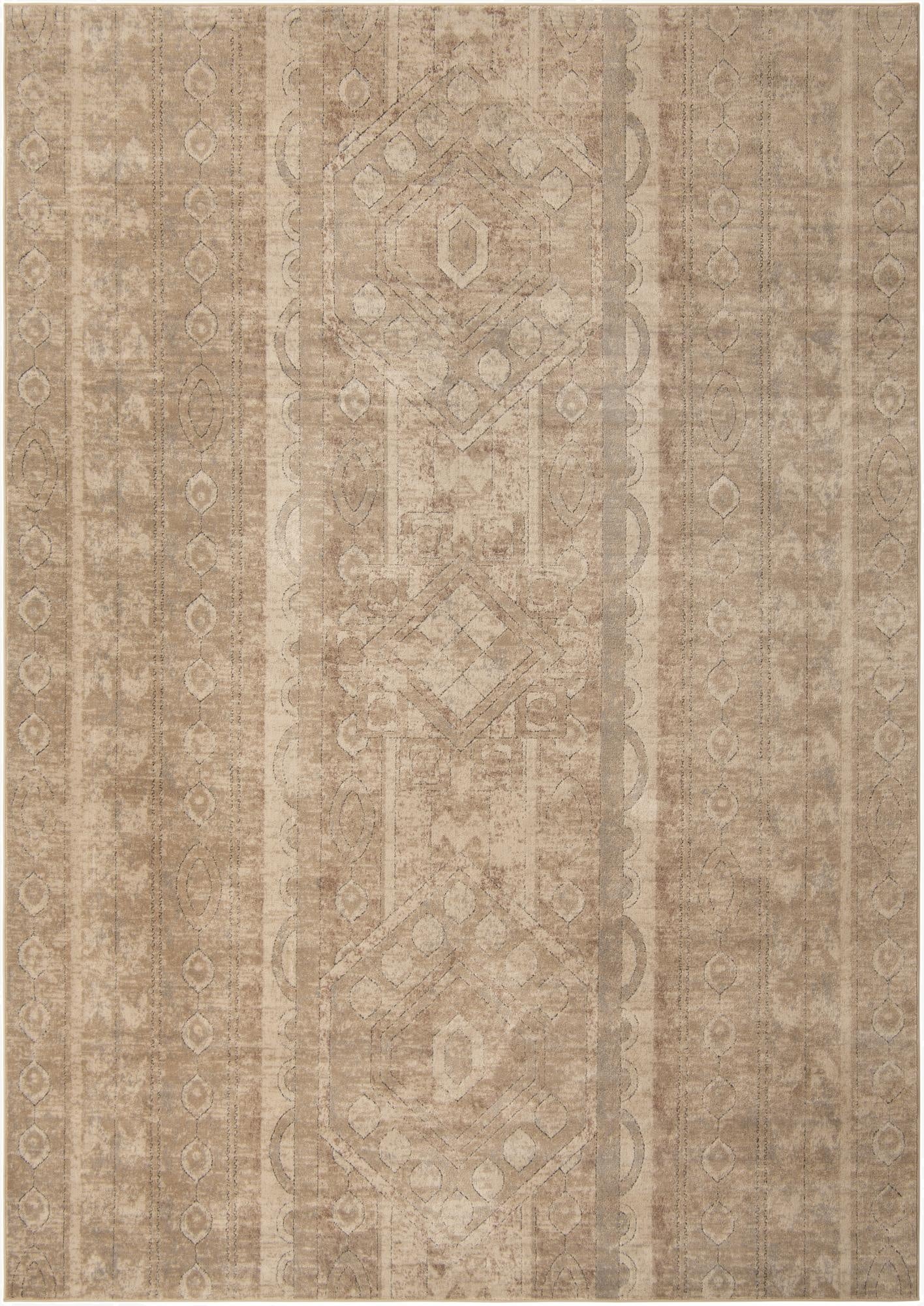 A 10x14 rectangular ivory and cream area rug with a distressed bohemian stripe and tribal pattern.