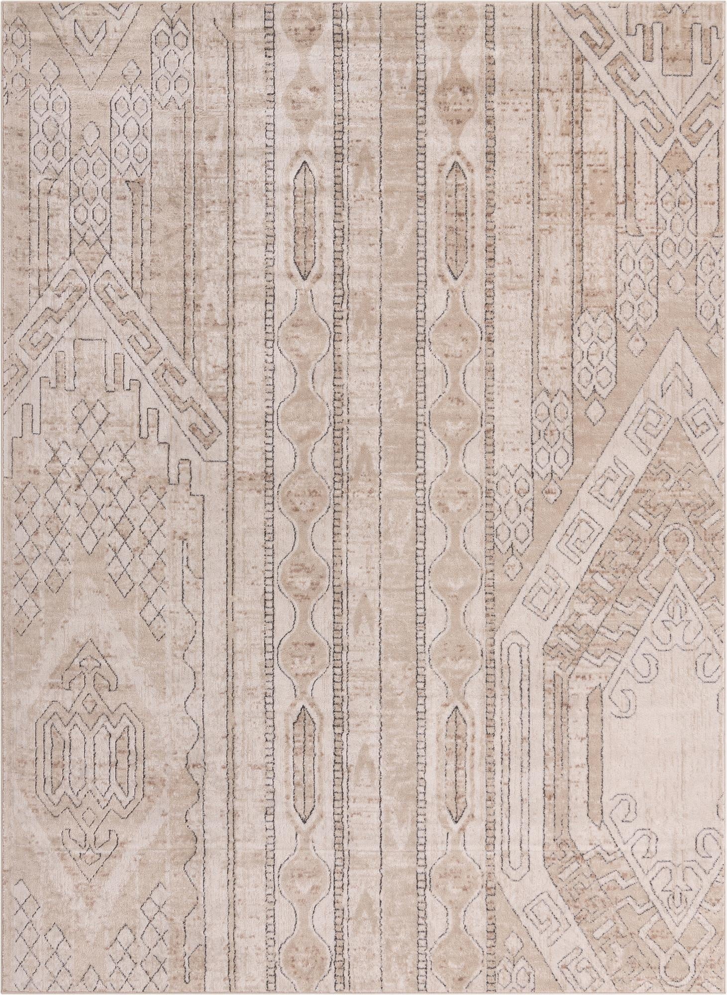 An 8x11 rectangular ivory and cream area rug featuring a textured bohemian and tribal stripe pattern.