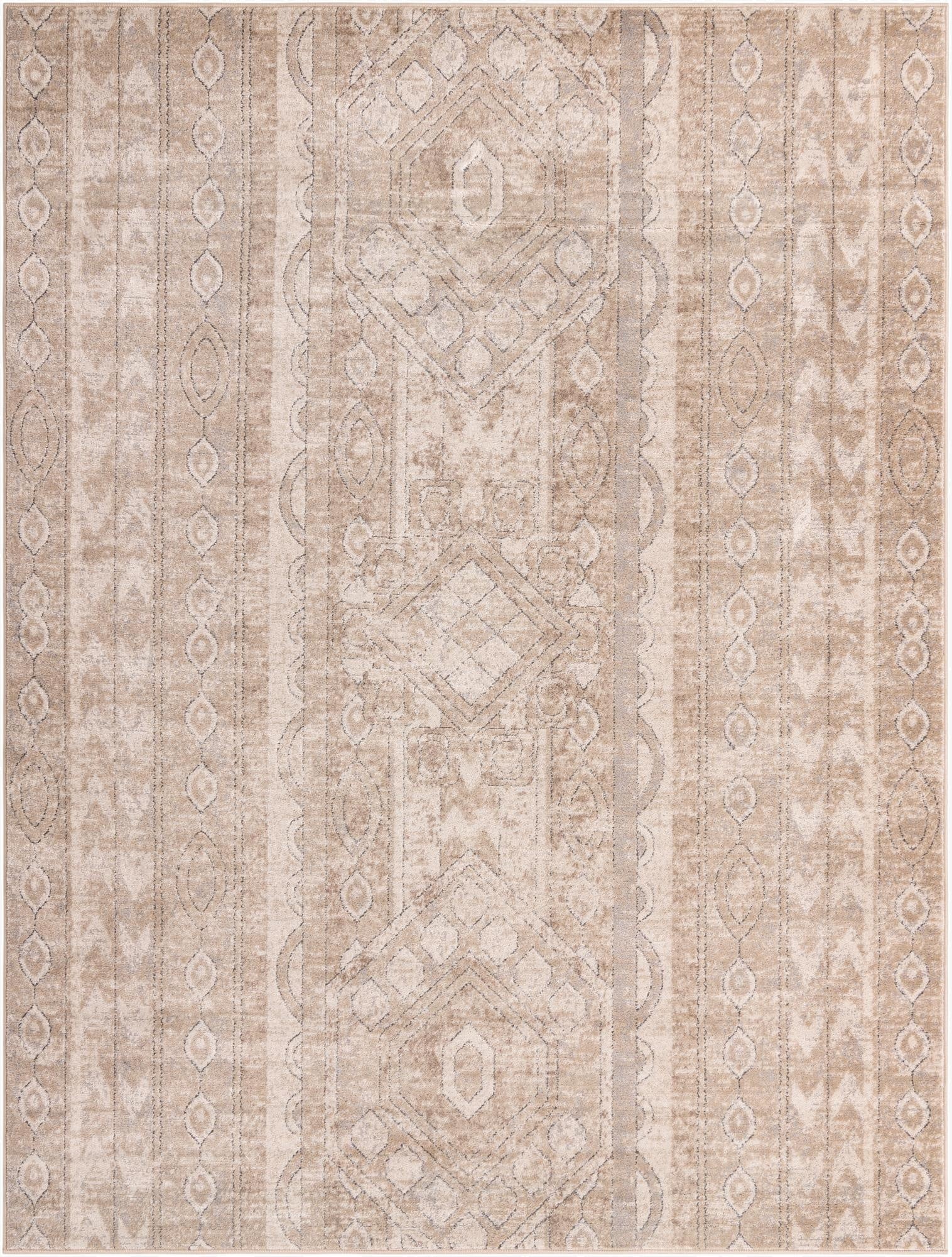 An 8x10 rectangular ivory and cream area rug with a distressed bohemian and tribal stripe pattern.