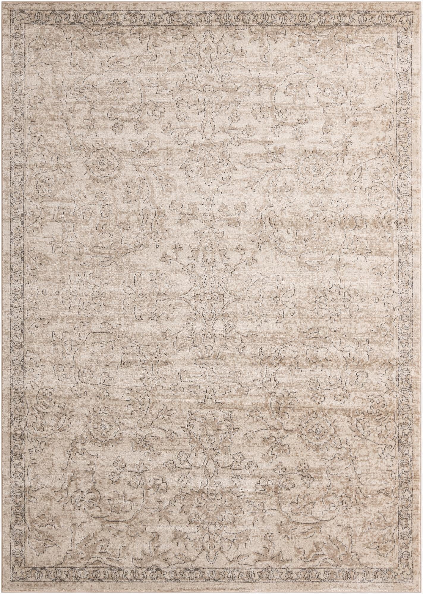 An 8x11 rectangular ivory and cream shabby-chic rug with a distressed traditional floral pattern and a decorative border, suitable for a living room.