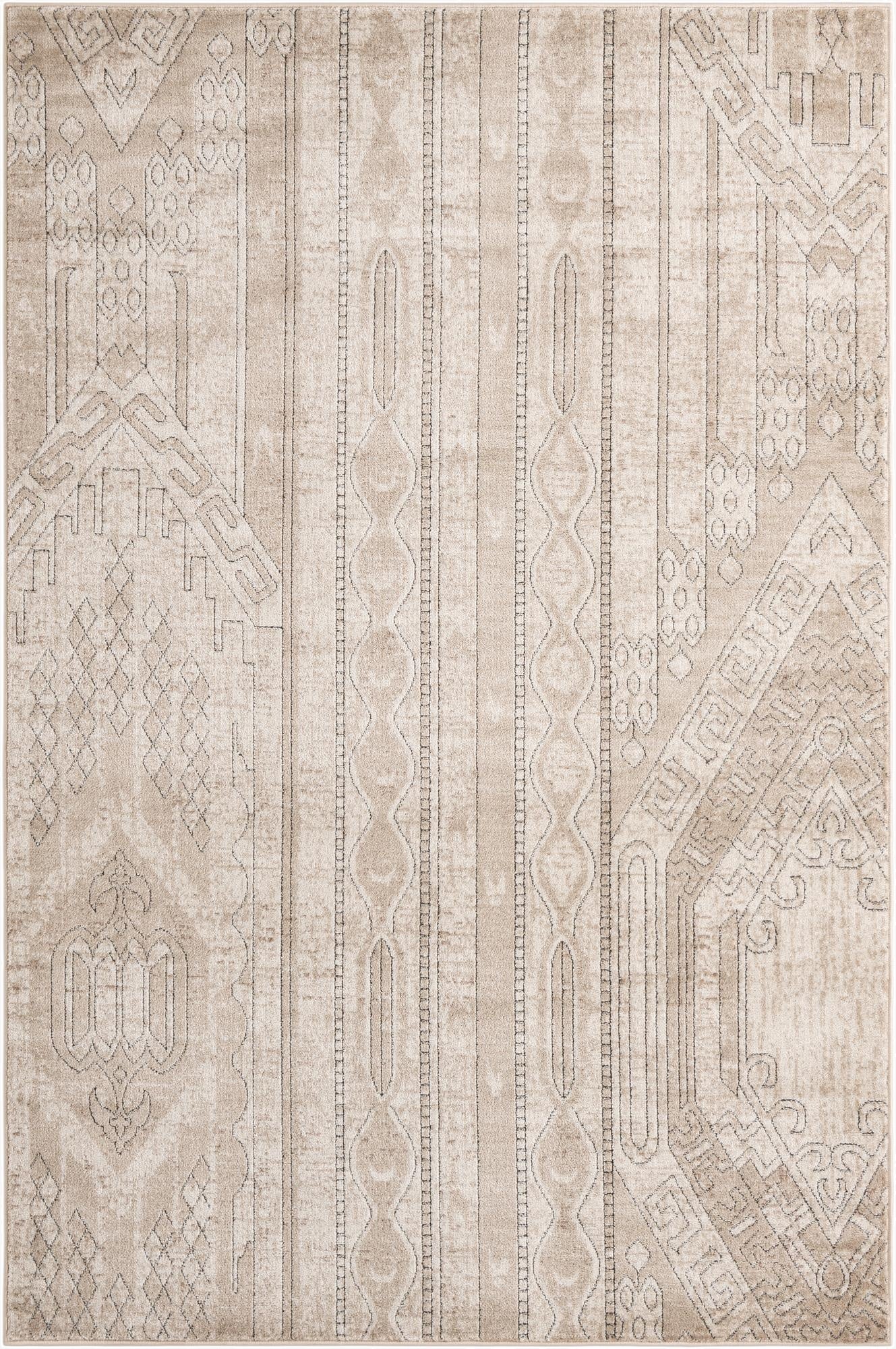 A 6x9 rectangular ivory and cream area rug with a textured bohemian and tribal pattern, featuring stripes and geometric shapes.