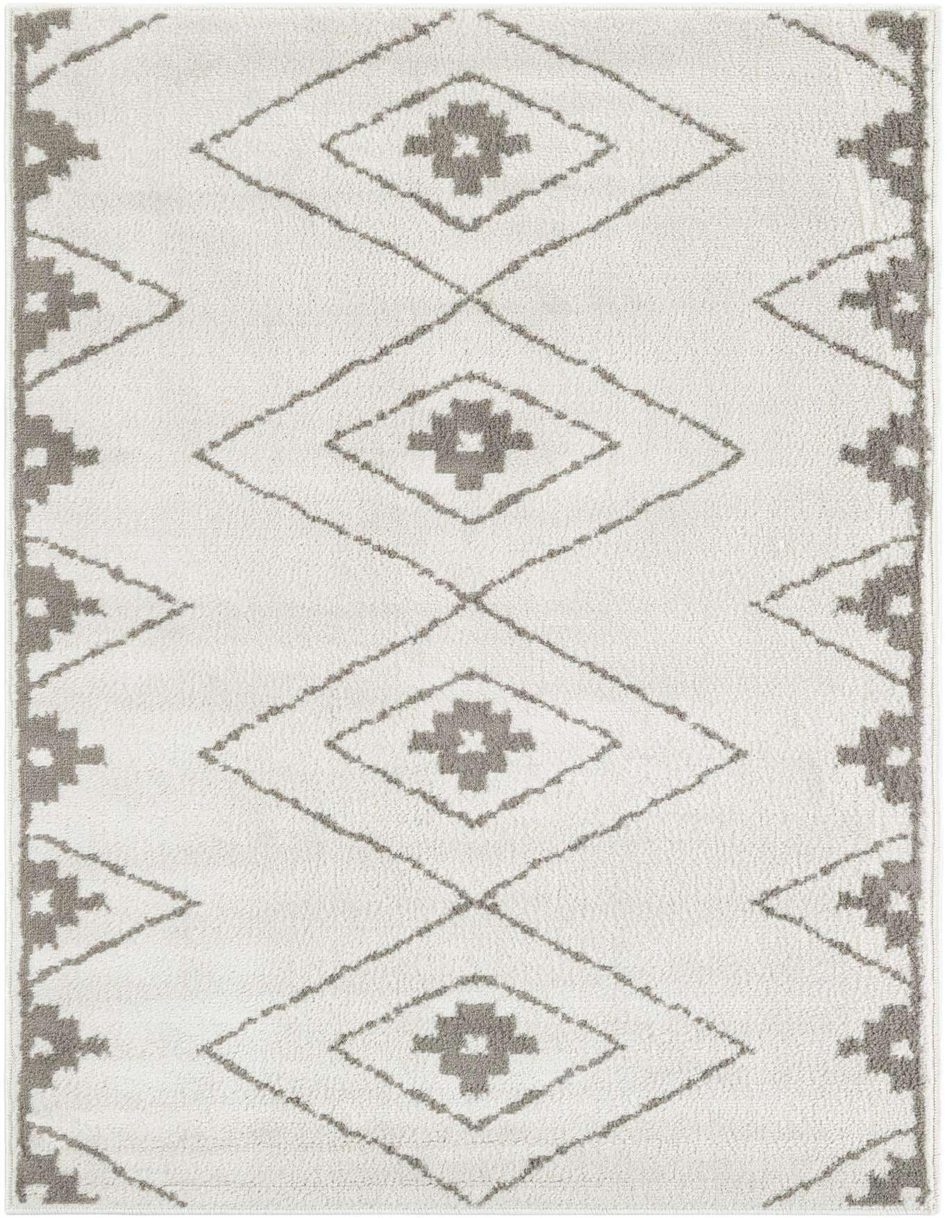 A 4x6 rectangular ivory modern rug with a subtle gray diamond and floral pattern, suitable for various indoor rooms.