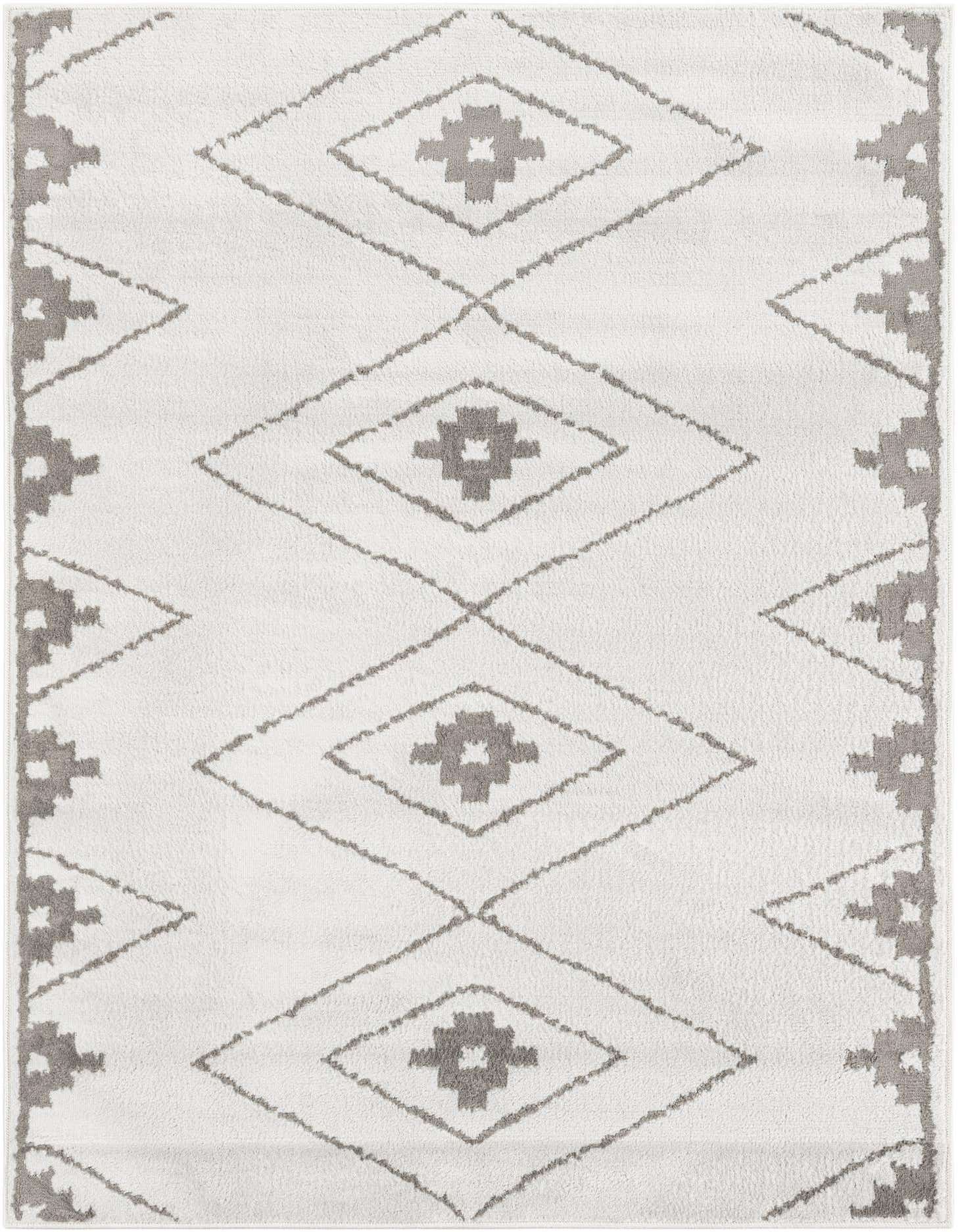 A 5x7 rectangular ivory modern area rug with a repeating gray diamond and cross pattern, suitable for indoor spaces.