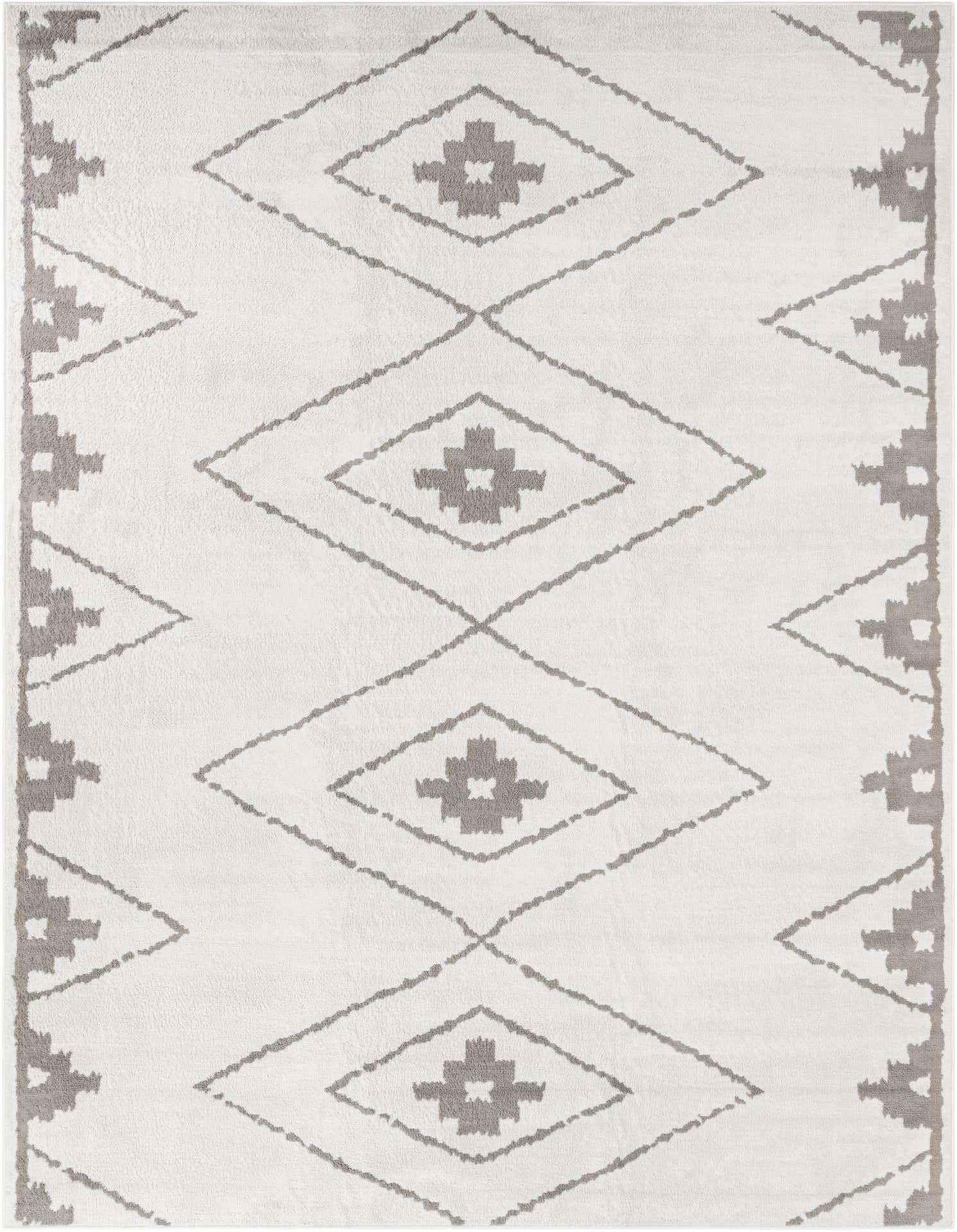 A 9x12 rectangular ivory and gray modern area rug with a geometric diamond pattern, suitable for a living room.