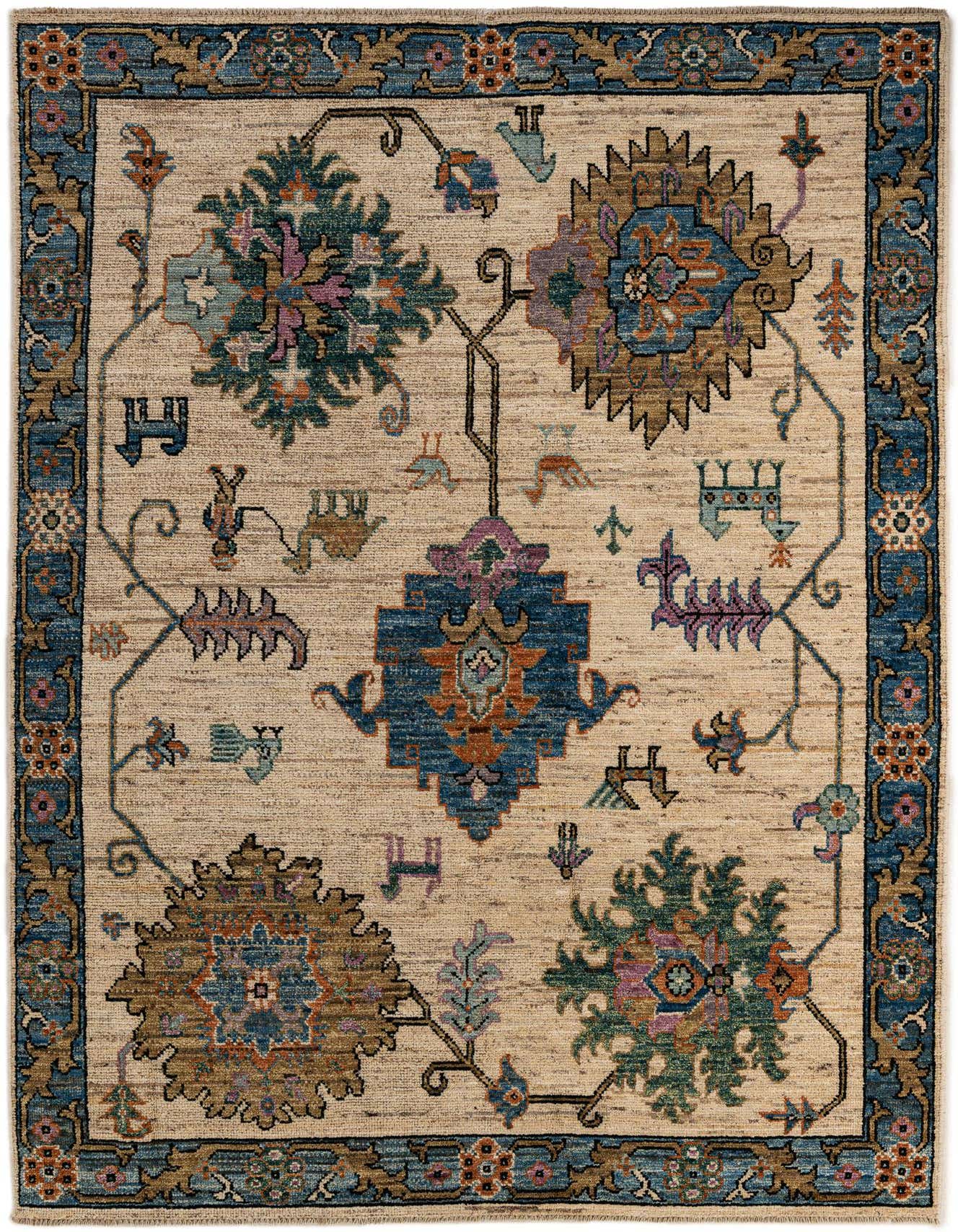 A 6x9 rectangular Oushak rug with an ivory background, featuring a modern pattern in blue, brown, green, and purple hues, ideal for a living room.