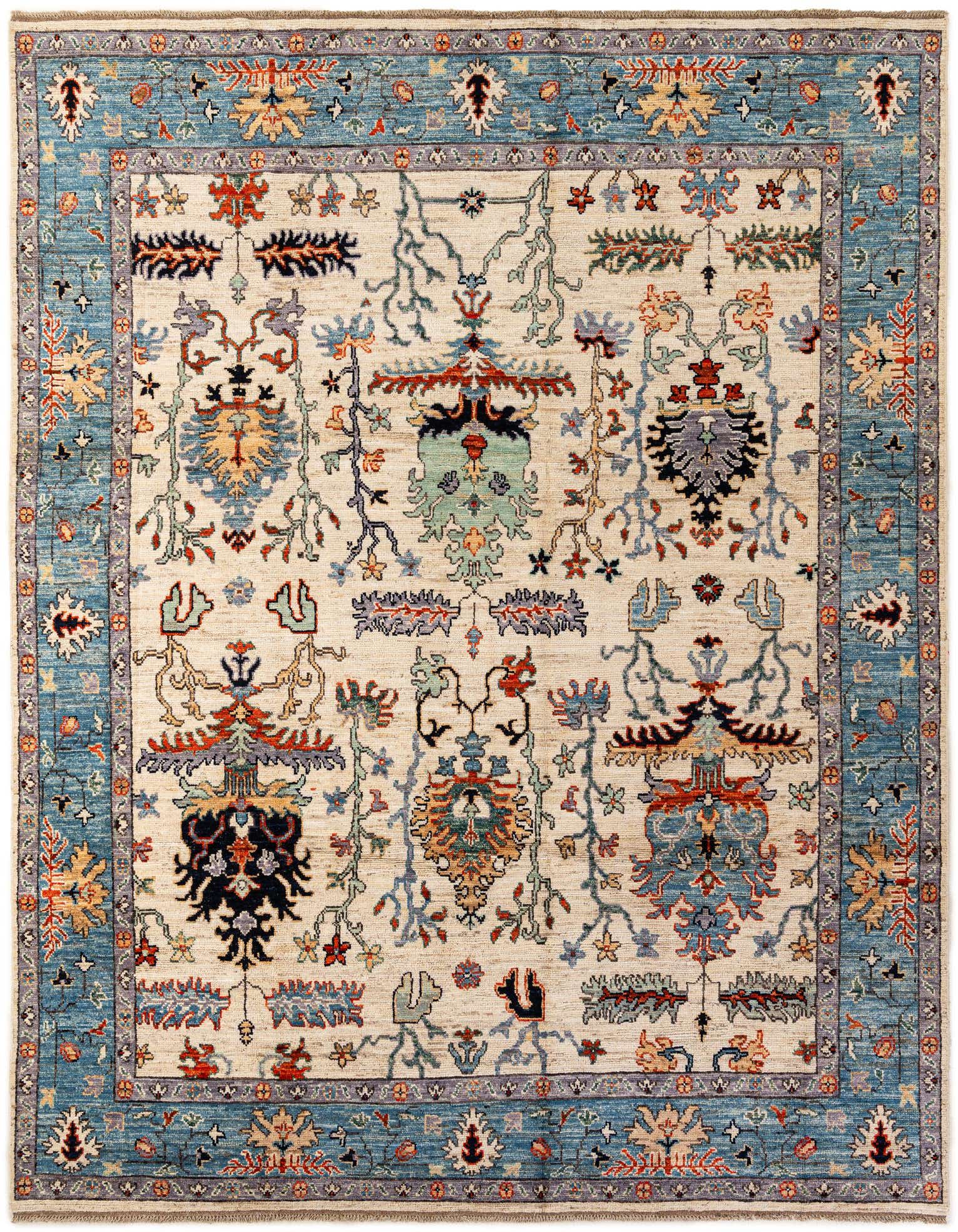 A 9x12 rectangular ivory Oushak rug with a modern floral and vine pattern in blues, creams, and multi-color accents, perfect for a living room.