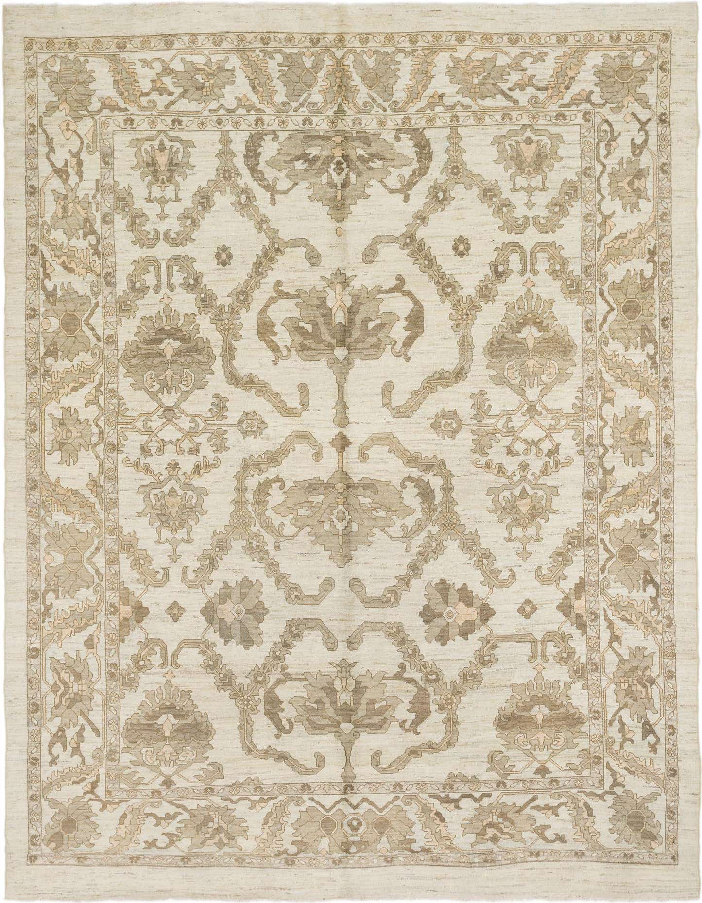 A rectangular Oushak Palace rug in ivory and cream with a traditional floral and tribal pattern, handmade from wool.