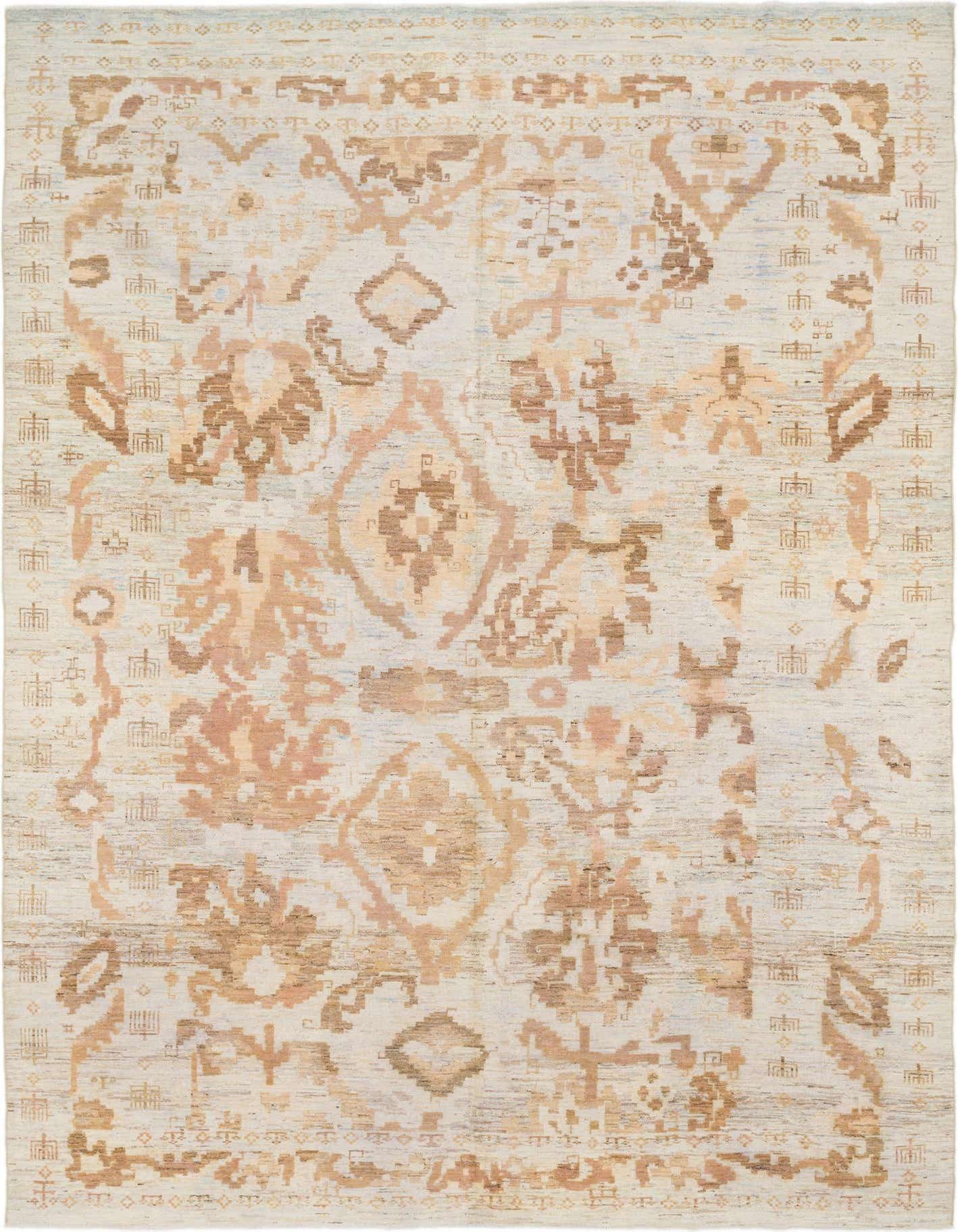 A rectangular Oushak Palace rug in ivory and cream with a traditional, tribal abstract pattern in shades of brown and beige, ideal for a living room.