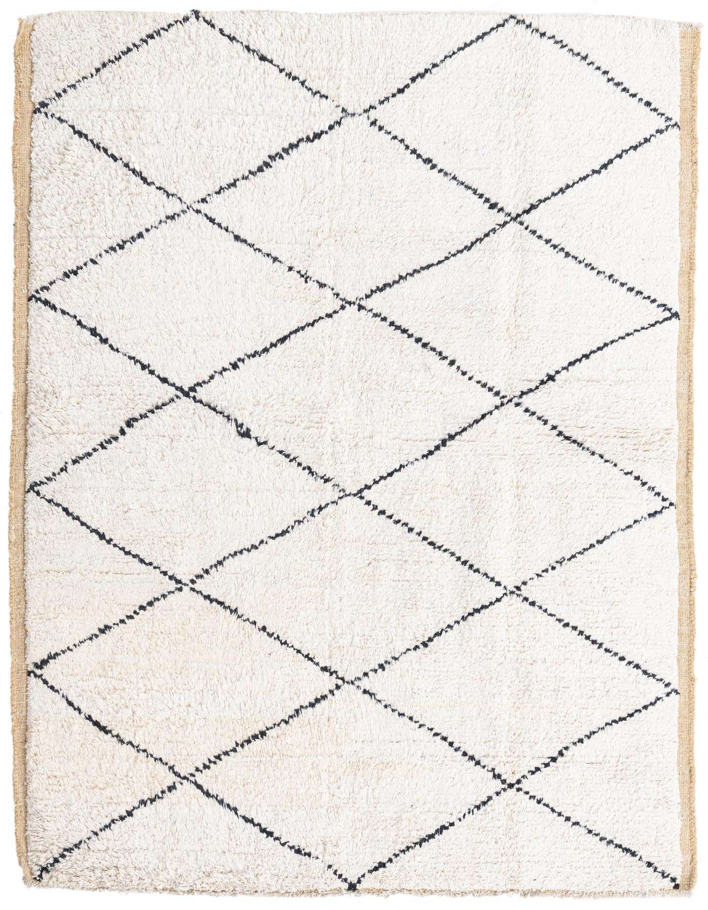 A 5x8 rectangular ivory wool rug with a modern black diamond pattern and textured pile, suitable for a living room.