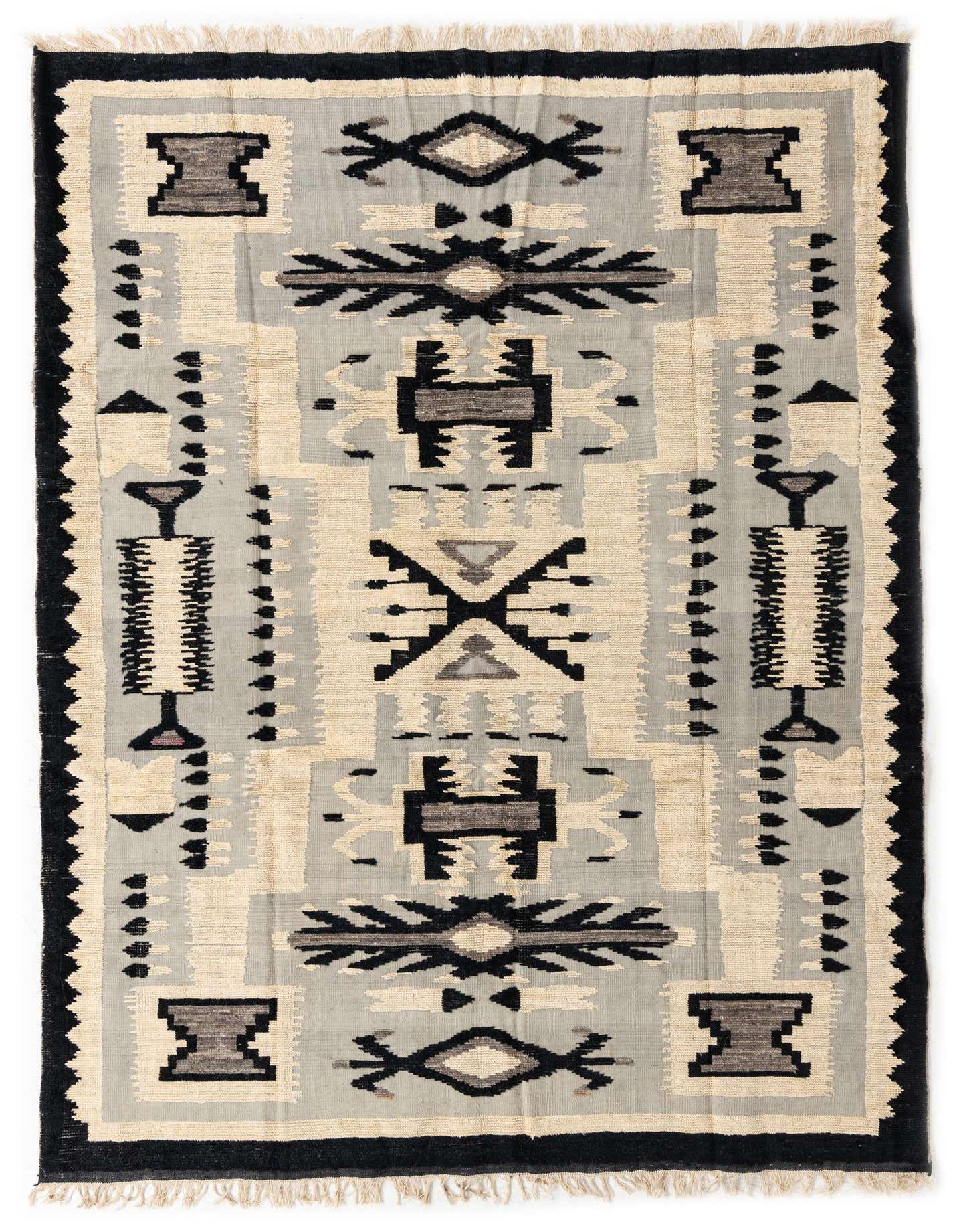 An 8x11 rectangular Oushak rug with a modern, abstract pattern in ivory, cream, white, and black, featuring geometric shapes and a textured wool pile.