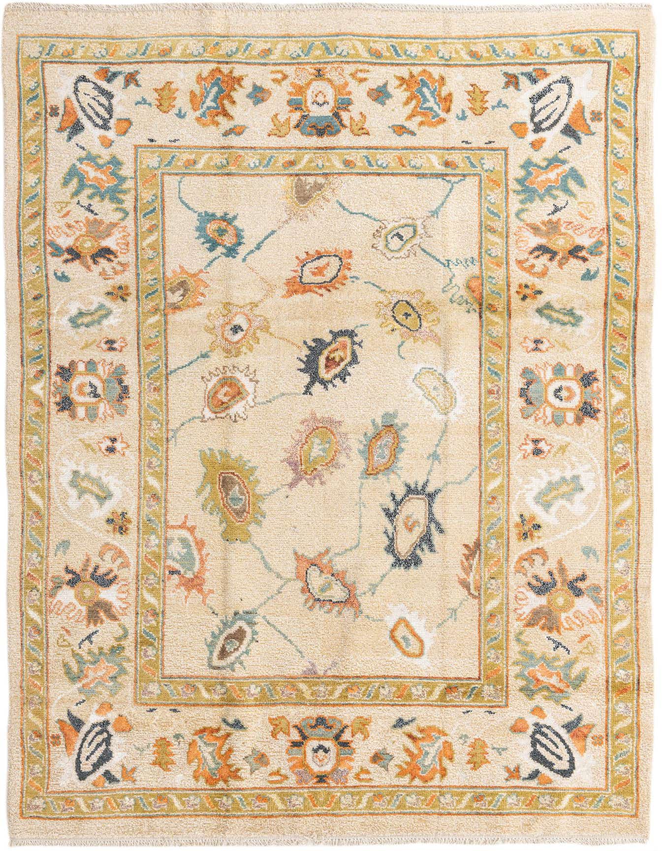 A rectangular 5x8 ivory and cream Oushak rug with a modern abstract pattern in blue, orange, and green.