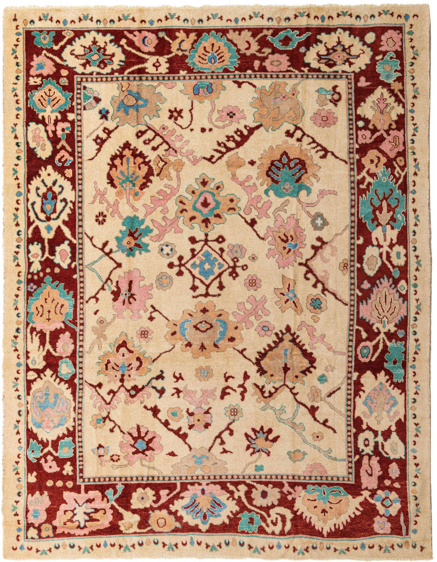 A 9x12 rectangular ivory Oushak rug with a traditional floral pattern and a bold red border, ideal for a living room.