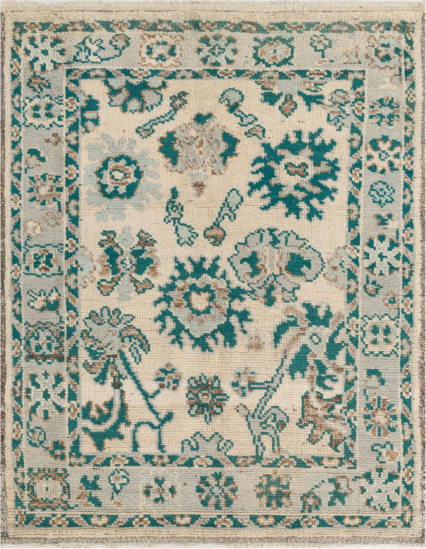 A 5x8 rectangular Oushak rug with an ivory field and a border, featuring teal, light blue, and brown modern floral patterns.