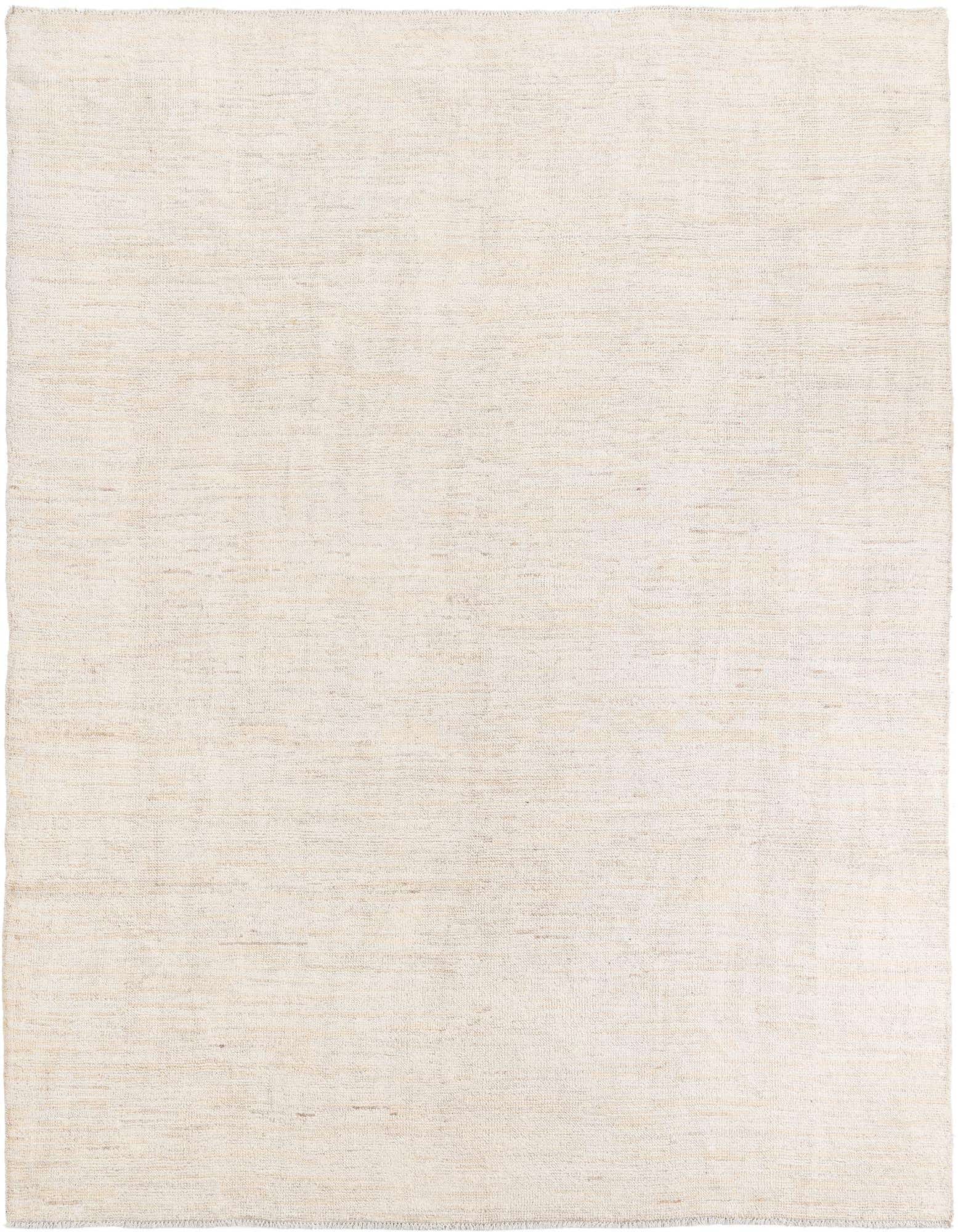 An 8x10 rectangular ivory and cream modern wool rug with a subtle textured weave, perfect for a living room.