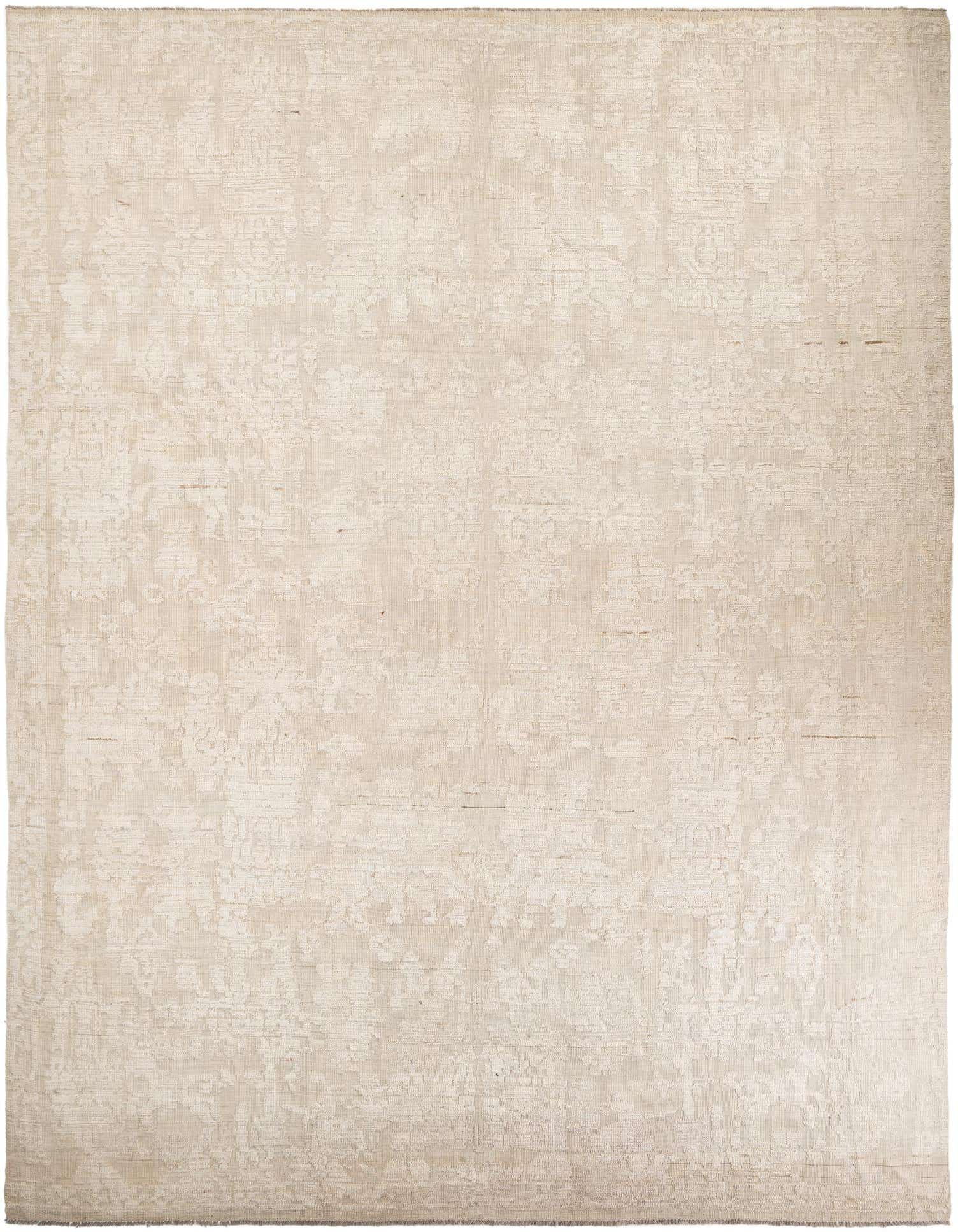 A large 12x16 rectangular ivory wool area rug with a subtle modern pattern, perfect for a living room.