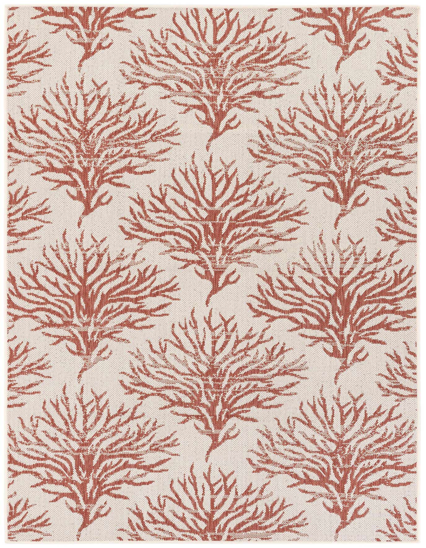 A 5x8 rectangular ivory rug with a repeating modern coral pattern in terracotta red, suitable for indoor/outdoor spaces.