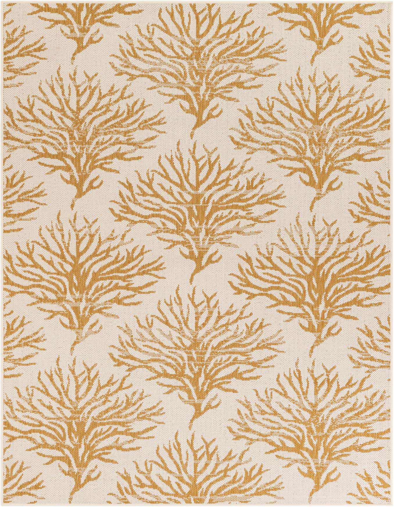 A 5x8 rectangular ivory indoor/outdoor rug with a repeating modern beach/nautical coral pattern in golden yellow.