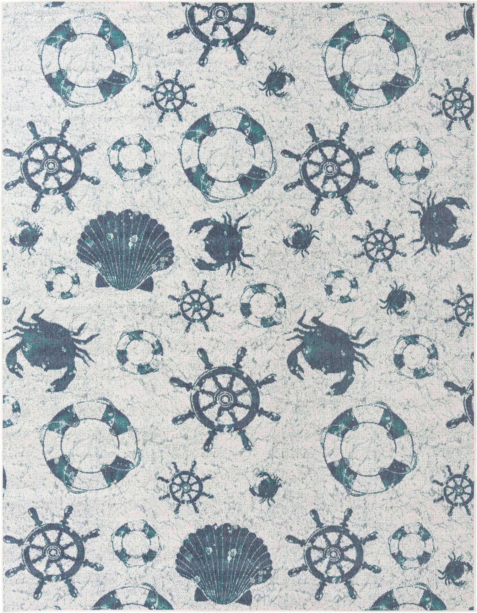 A 9x12 rectangular ivory and teal coastal rug featuring a pattern of ship wheels, life preservers, crabs, and seashells.
