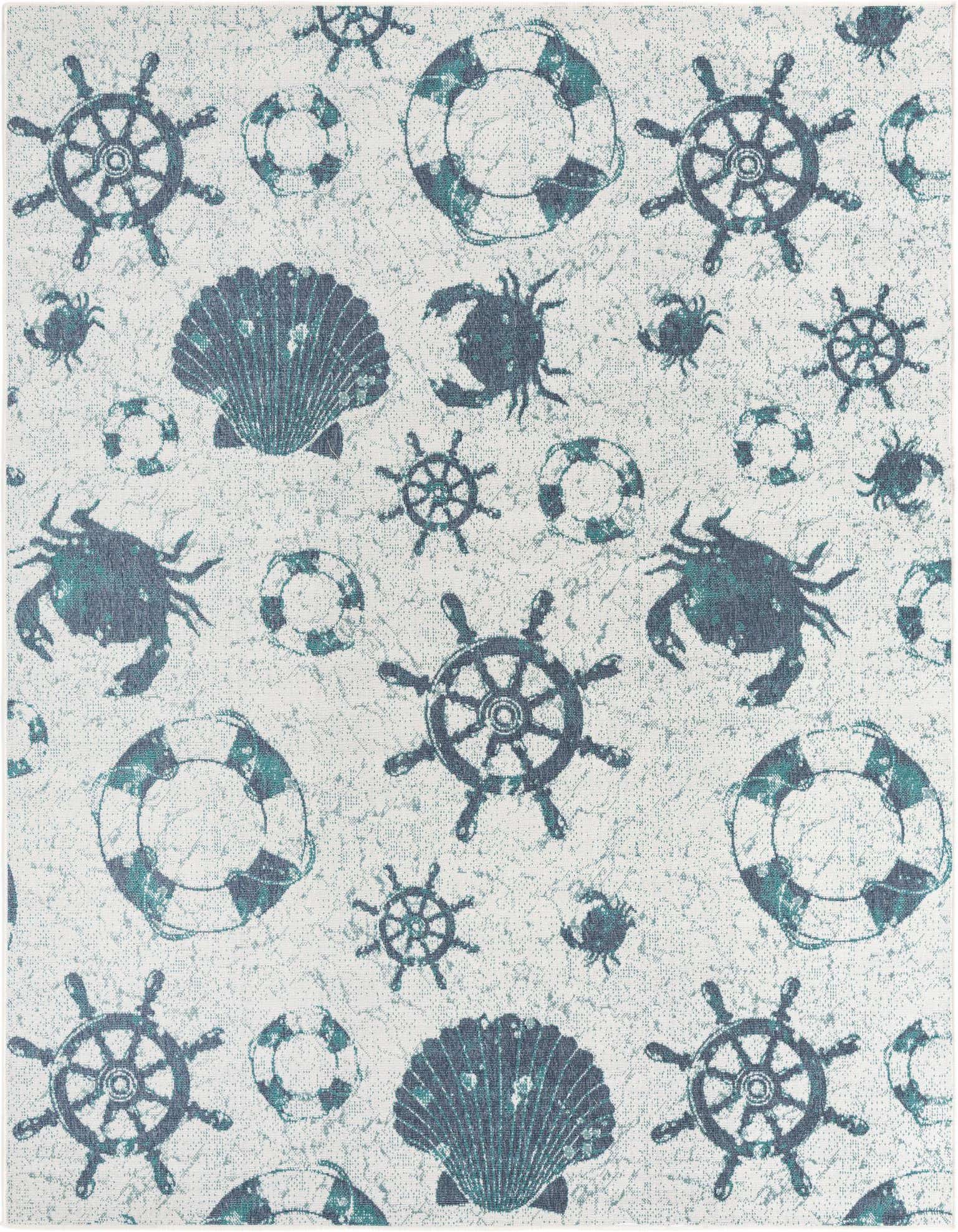 An 8x10 rectangular ivory and teal rug with a nautical pattern featuring ship wheels, life preservers, crabs, and seashells.