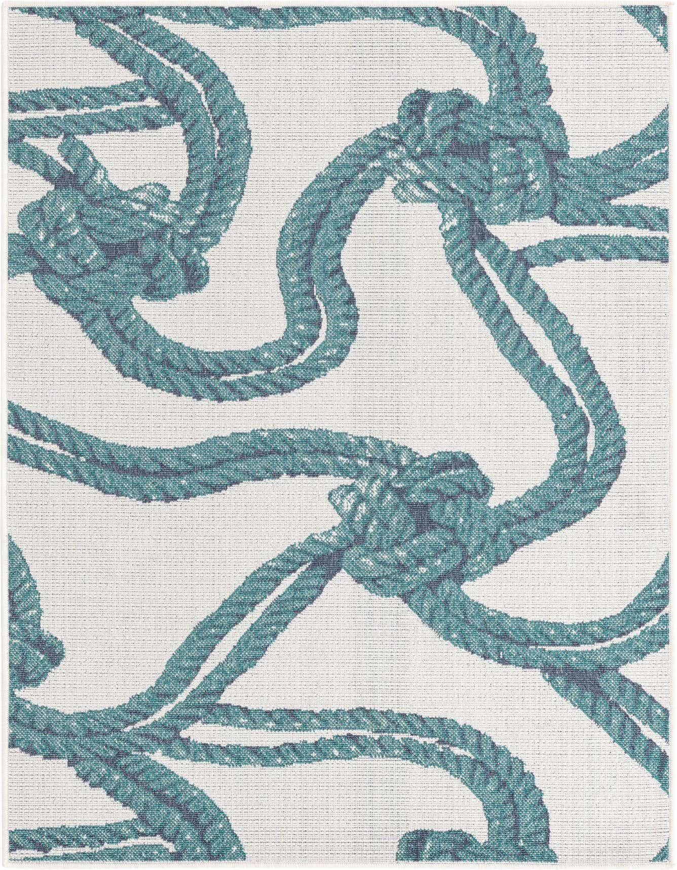 A 4x6 rectangular indoor/outdoor rug with a modern coastal design featuring teal rope knots on an ivory background.