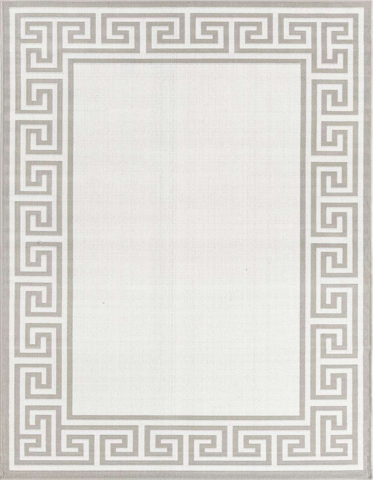 A 5x8 rectangular ivory and cream flatweave rug with a modern Greek key border, suitable for indoor or outdoor spaces.