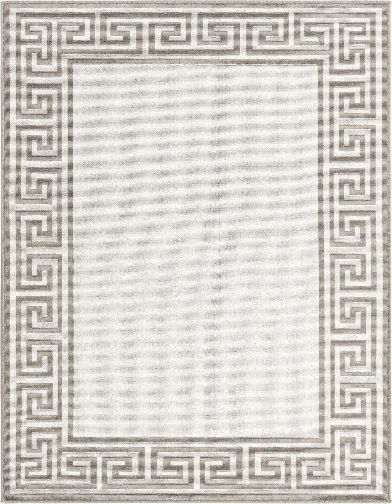 A 4x6 rectangular ivory and cream rug with a modern Greek key border pattern, suitable for indoor or outdoor use.