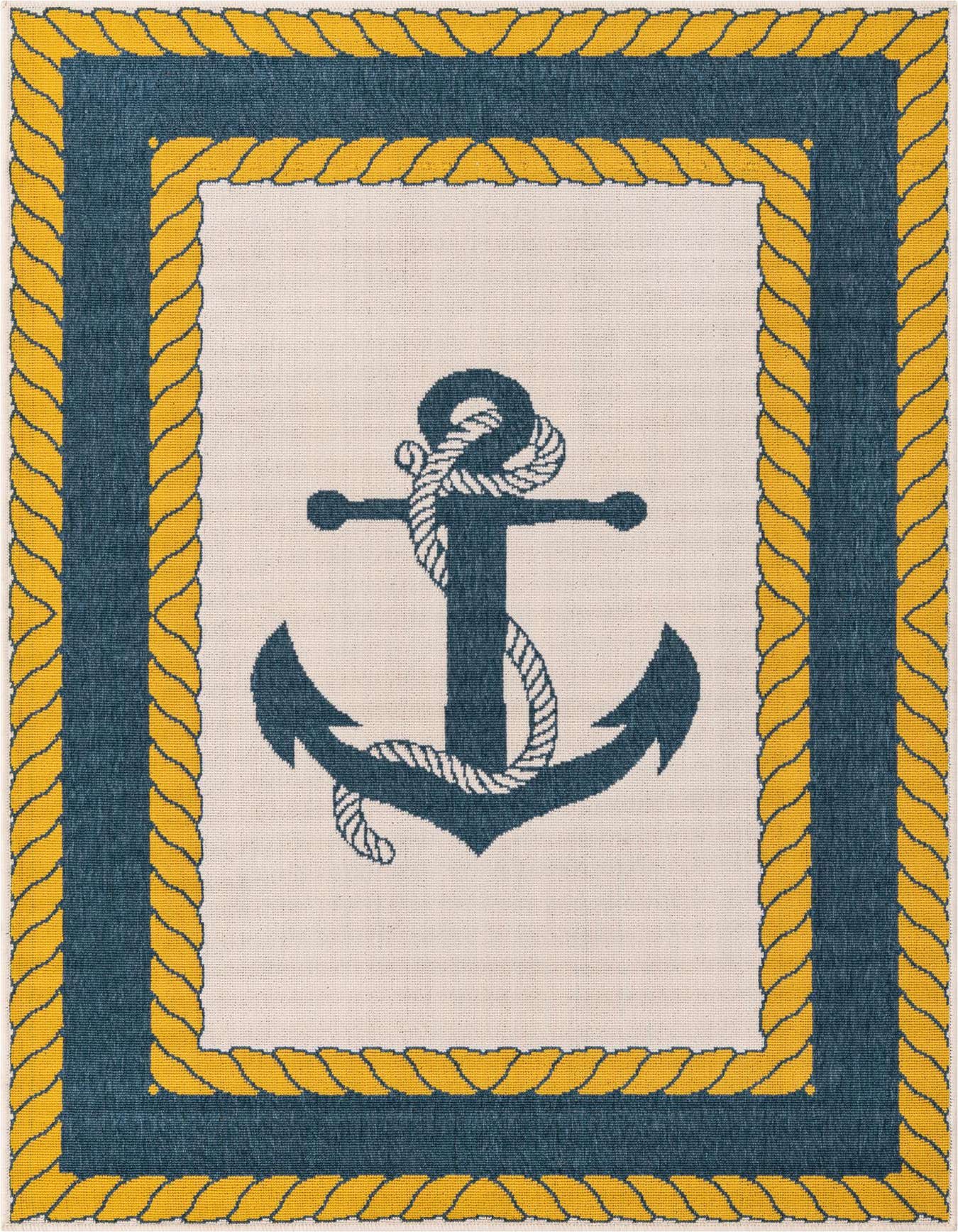 A 4x6 rectangular ivory rug with a large navy blue anchor and white rope design, framed by a thick navy border and a yellow braided rope pattern, perfect for a coastal-themed room or patio.