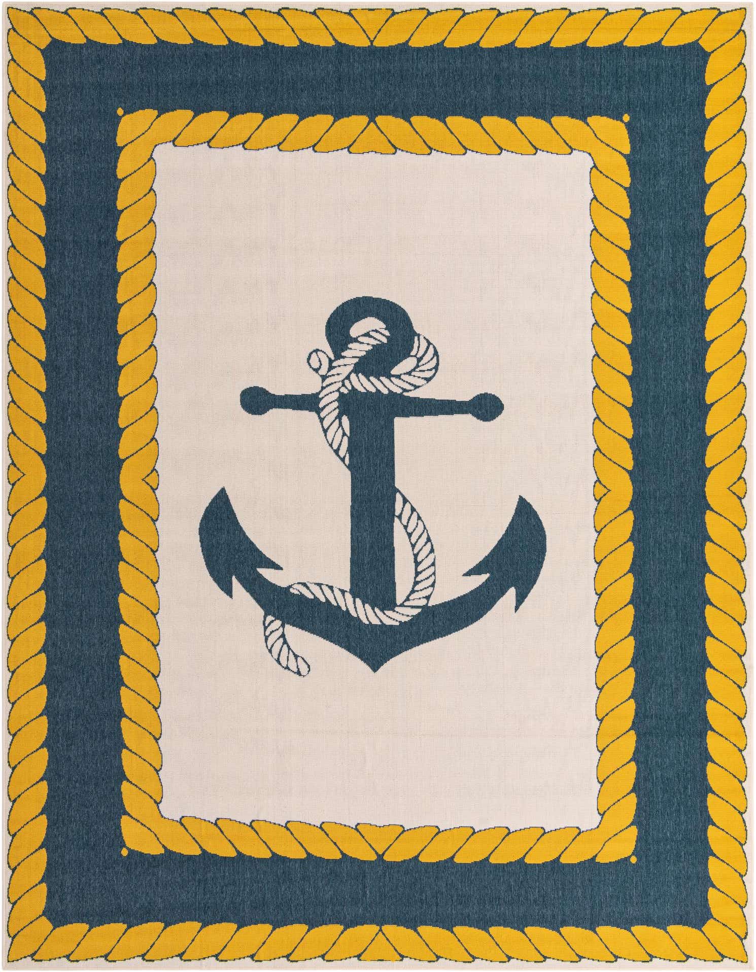 A 9x12 rectangular ivory rug with a large navy blue anchor in the center, framed by a navy border and yellow rope pattern.