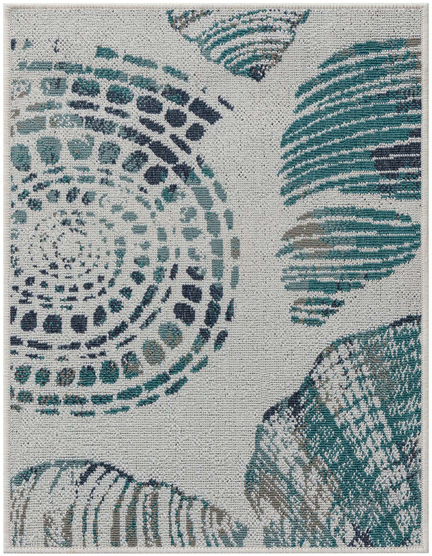 A 2x3 rectangular indoor/outdoor rug with a modern coastal pattern of teal, blue, and gray abstract shells on an ivory background.
