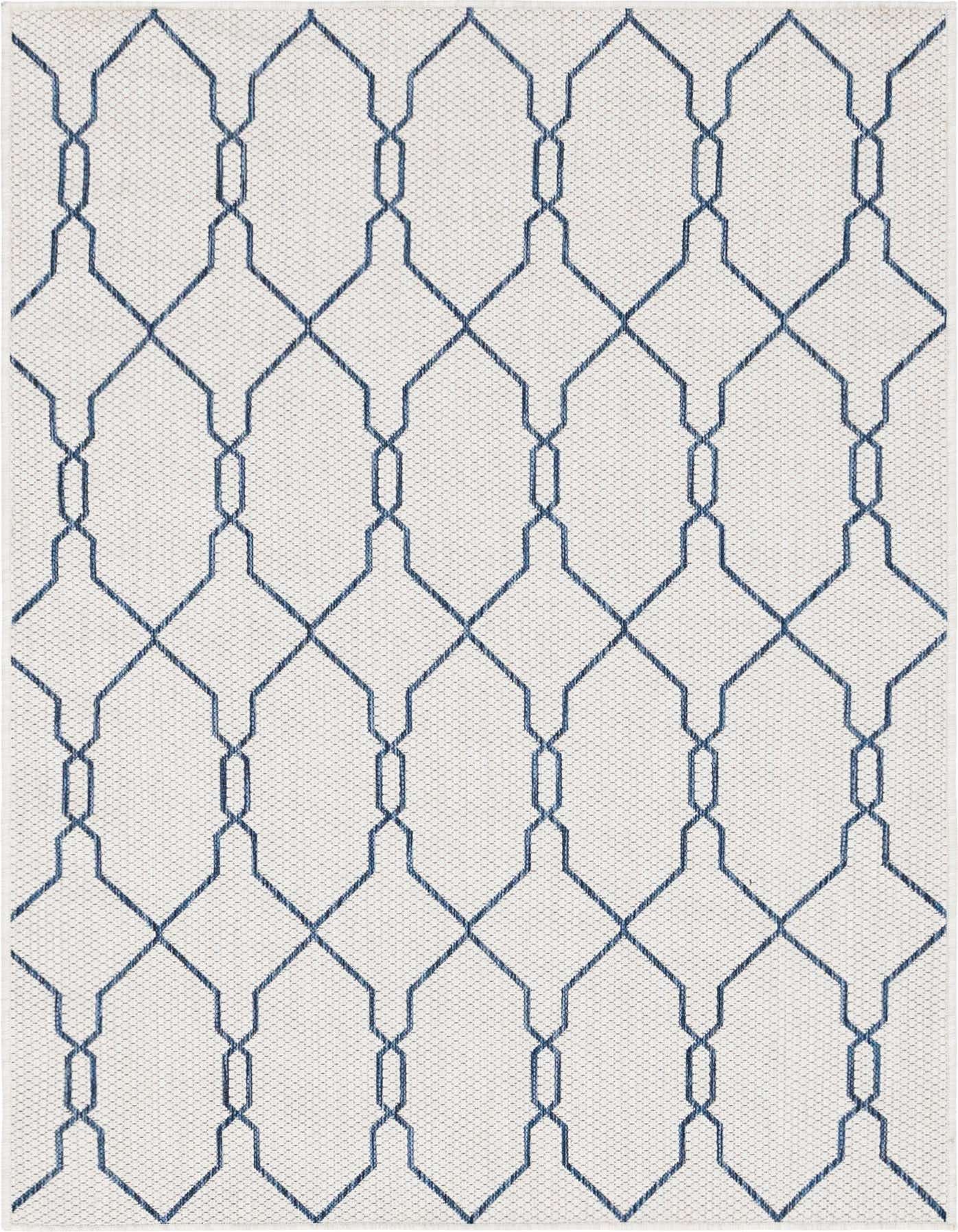 A 4x6 rectangular ivory and blue outdoor rug with a repeating modern geometric lattice pattern.