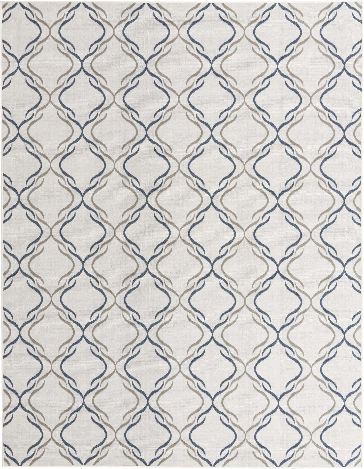 A 9x12 rectangular ivory and blue transitional rug with a modern lattice pattern, suitable for indoor or outdoor use.