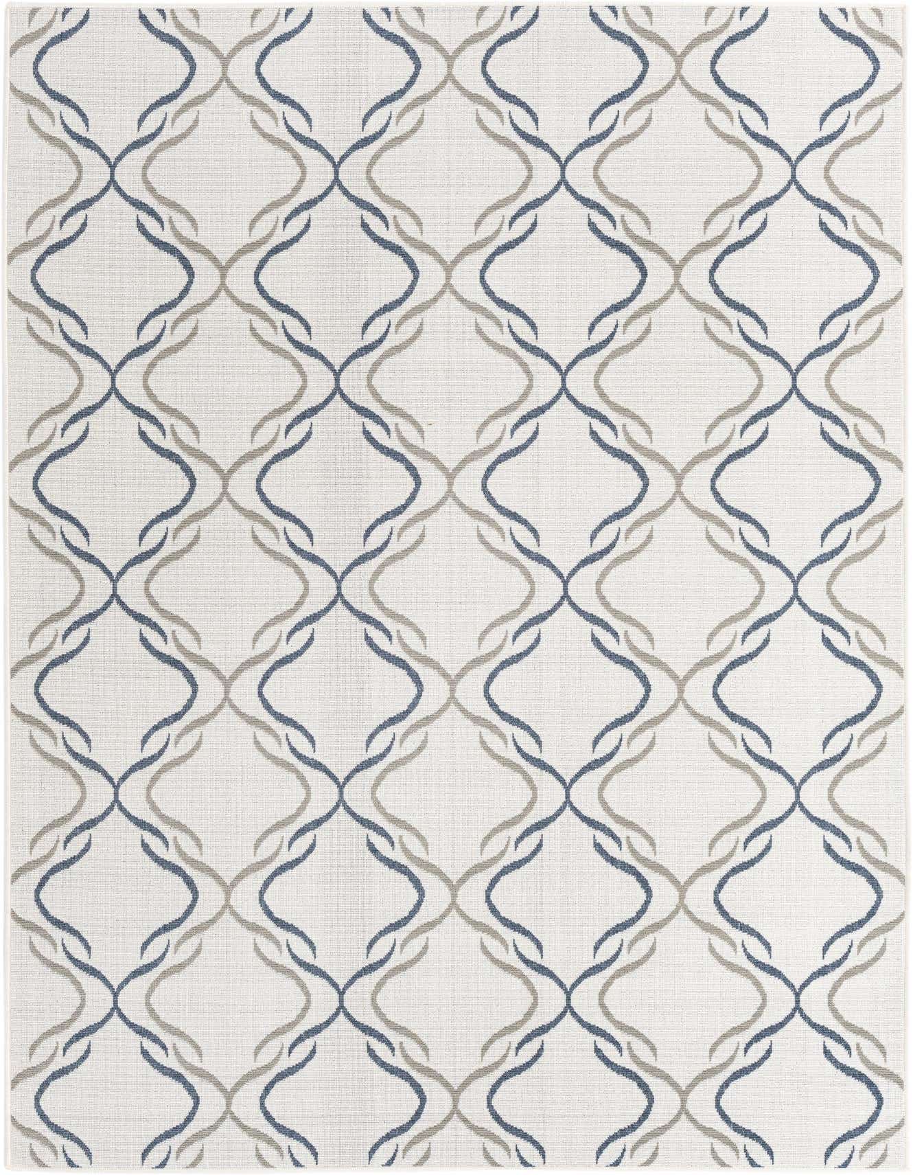 A 6x9 rectangular ivory rug with a modern transitional lattice pattern in blue and taupe, suitable for indoor/outdoor use.