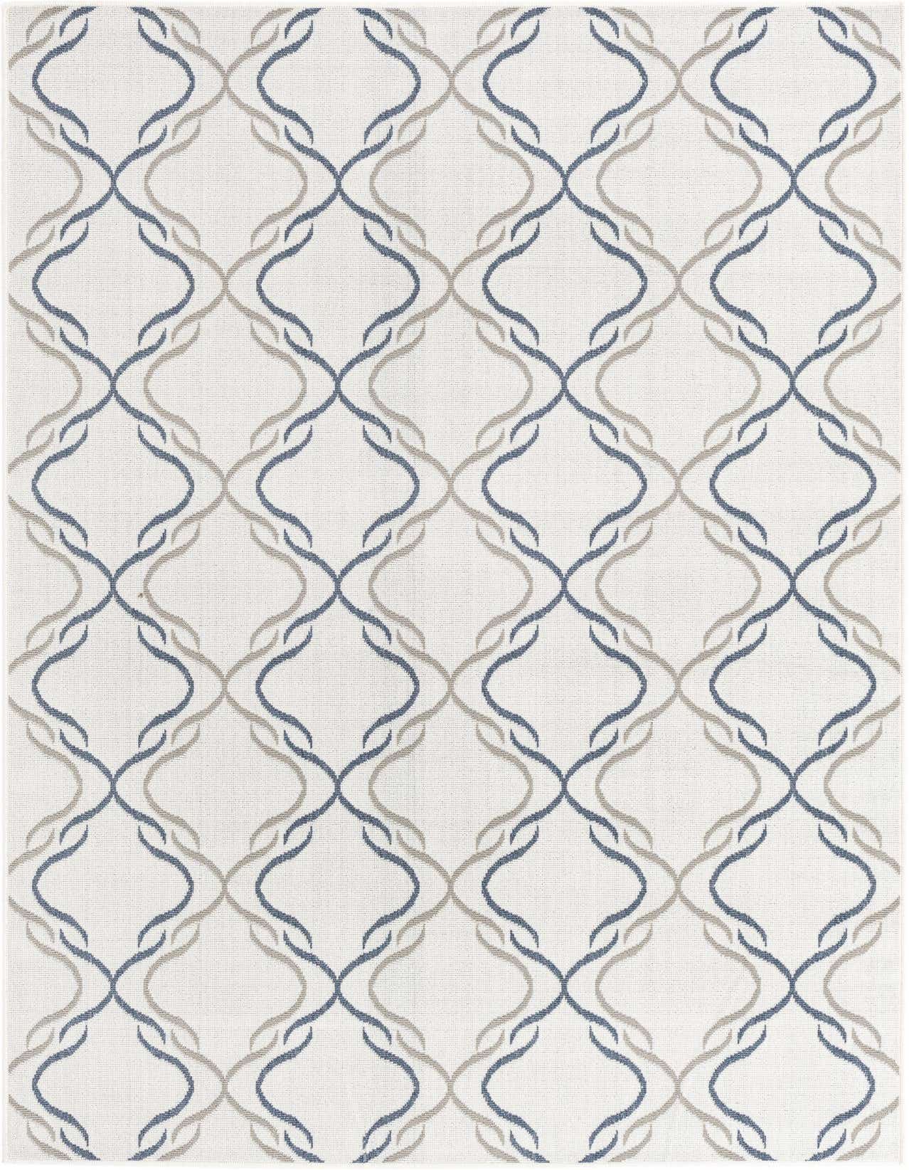A 5x8 rectangular ivory rug with a modern trellis pattern in blue and beige, suitable for indoor or outdoor spaces.