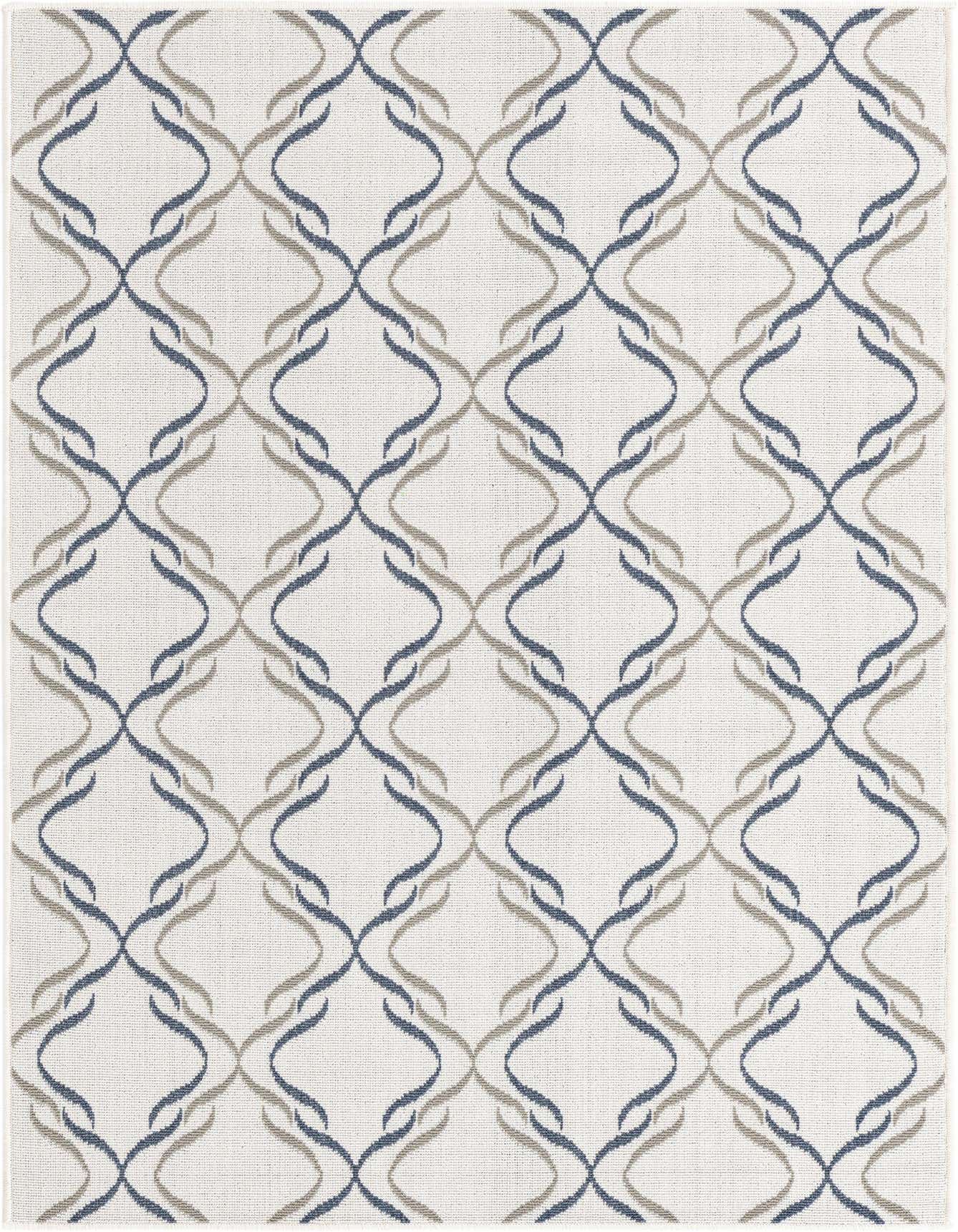 A 4x6 rectangular ivory rug with a modern lattice pattern in blue and beige, suitable for indoor or outdoor use.