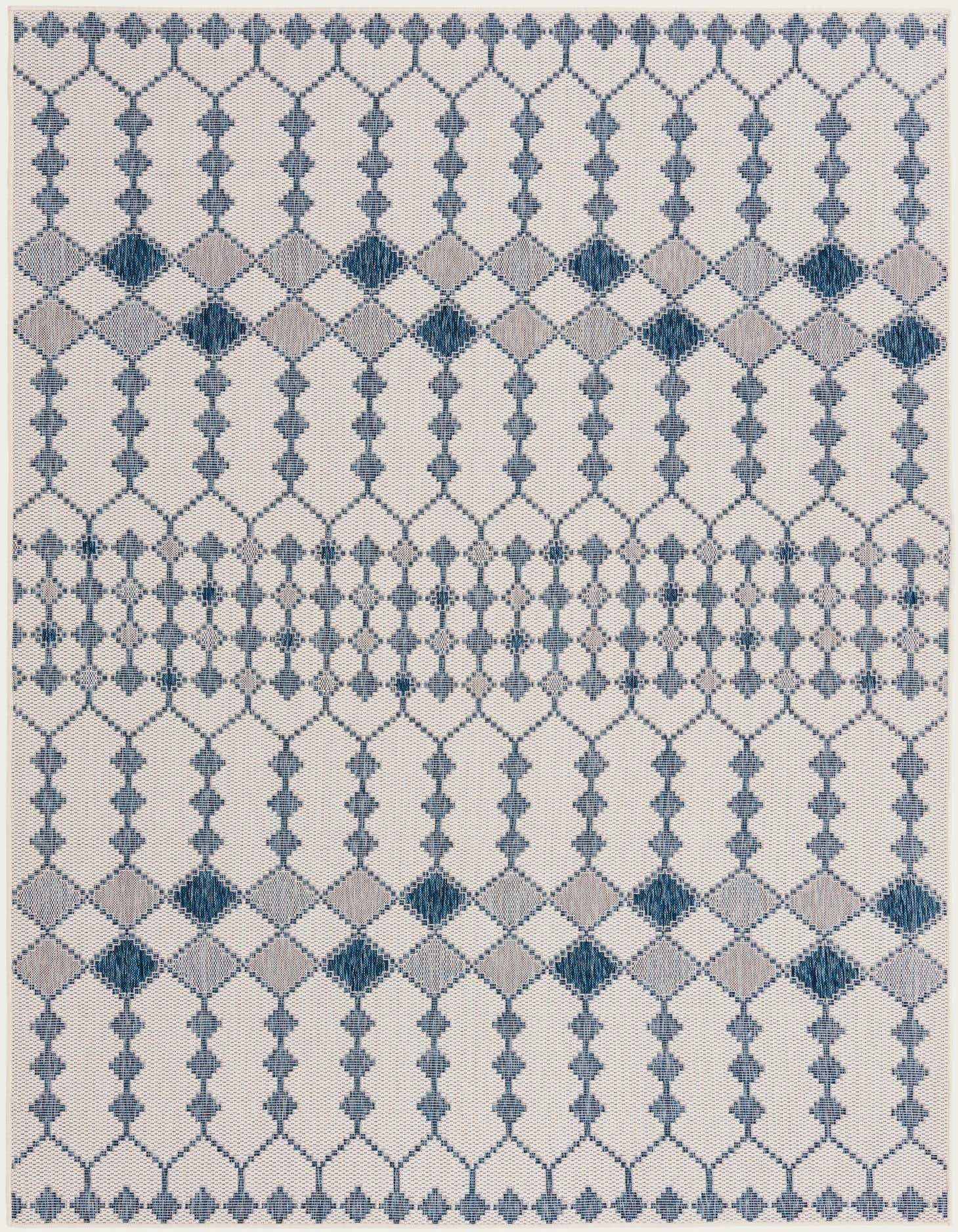 An 8x11 rectangular ivory and blue flatweave rug with a modern trellis pattern, suitable for indoor or outdoor use.