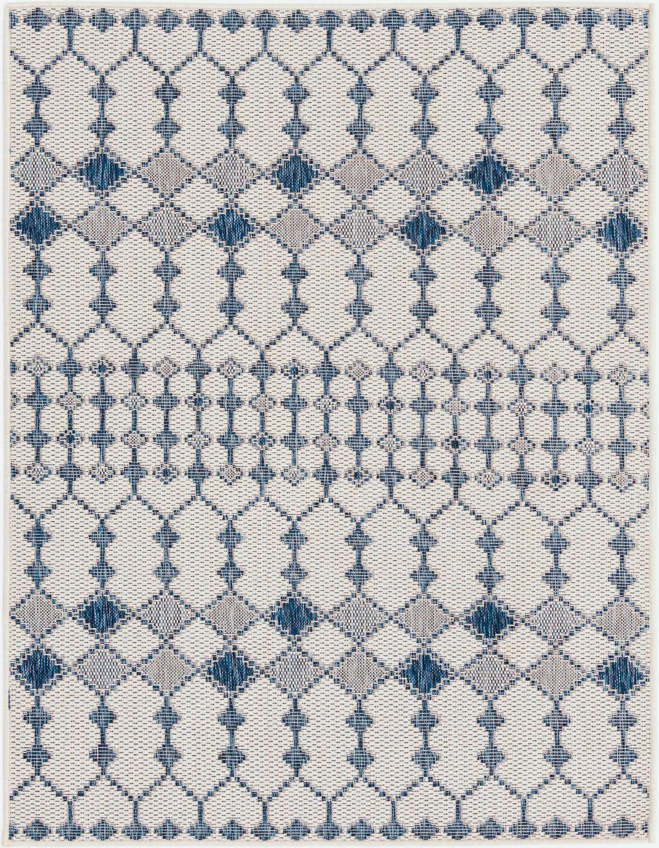 A 4x6 rectangular ivory and blue outdoor rug with a modern trellis pattern, suitable for a patio or living room.