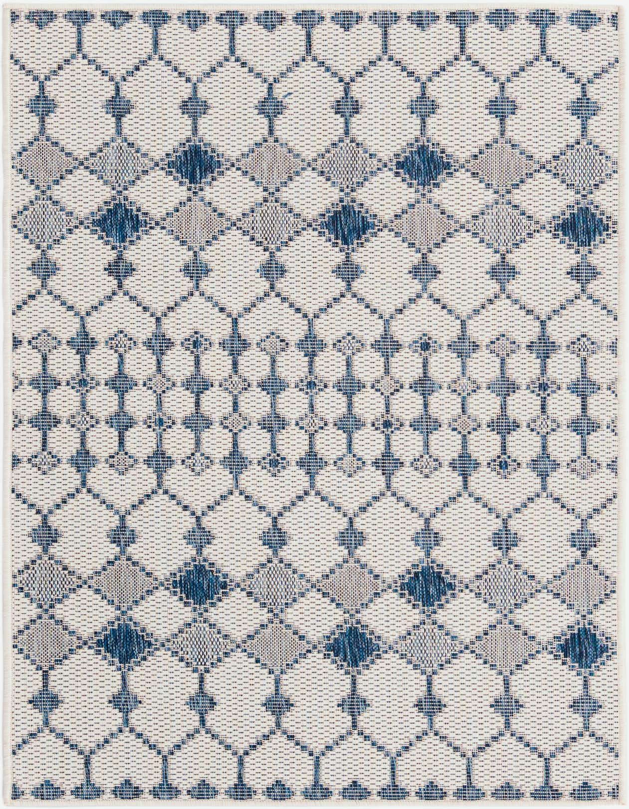 A 3x5 rectangular Rugs.com Outdoor Lattice rug with an ivory background and a blue and gray geometric trellis pattern, suitable for indoor or outdoor use.