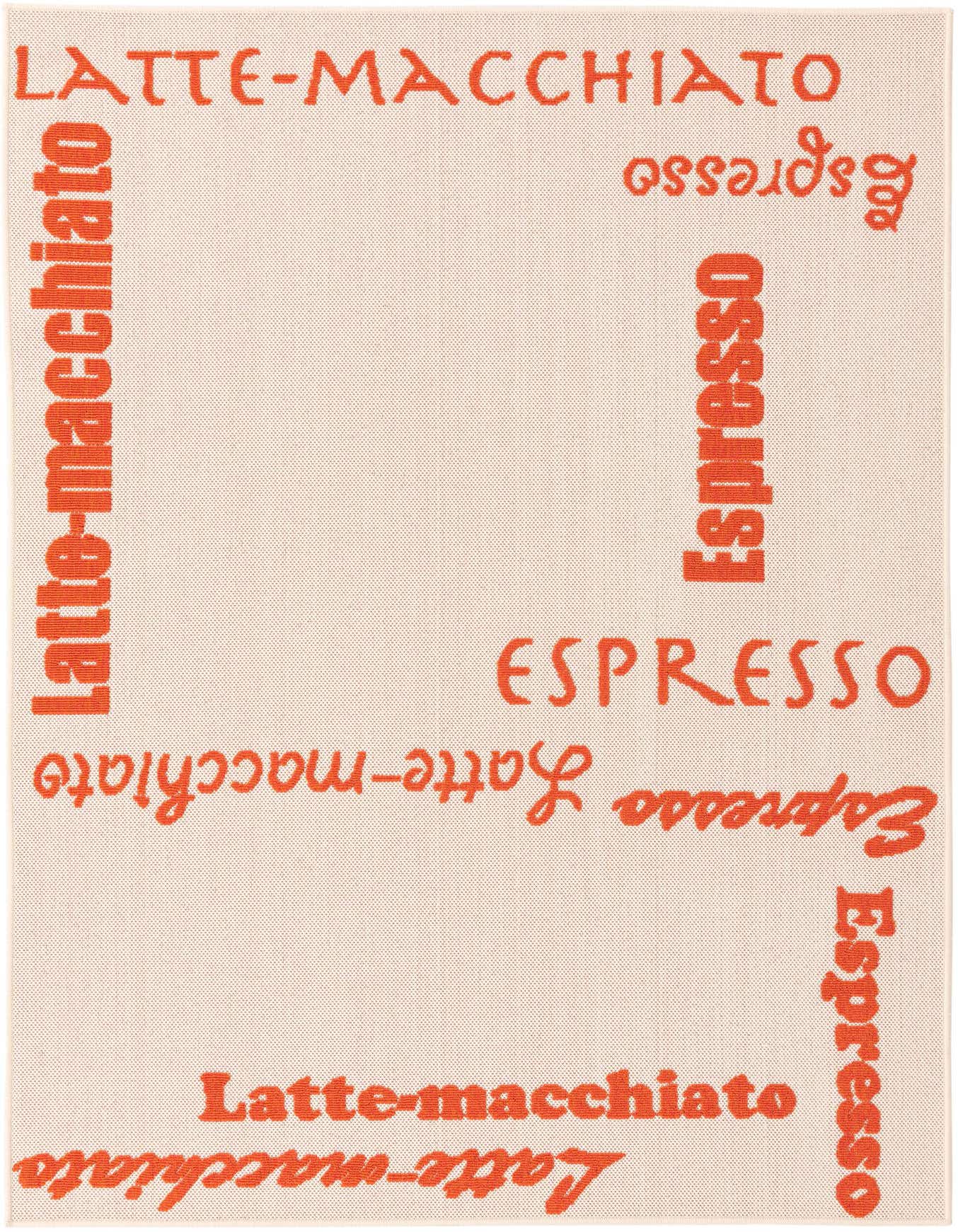 A 5x8 rectangular ivory rug with modern orange text repeating "Latte-macchiato" and "Espresso" in various orientations, suitable for a kitchen or patio.