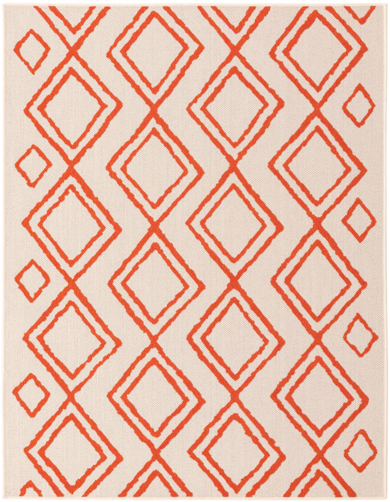 A 5x8 rectangular ivory and orange modern indoor/outdoor rug with a repeating geometric diamond pattern.